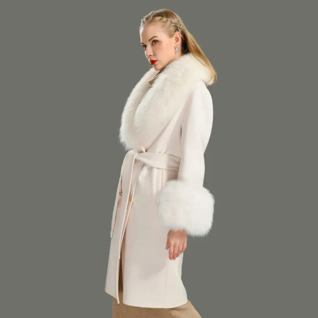 Luxury Cashmere Wool Coat with Genuine Fox Fur Trim