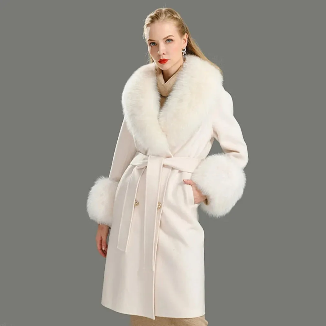 Luxury Cashmere Wool Coat with Genuine Fox Fur Trim