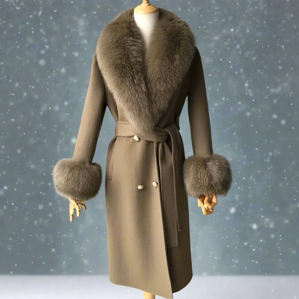 Luxury Cashmere Wool Coat with Genuine Fox Fur Trim