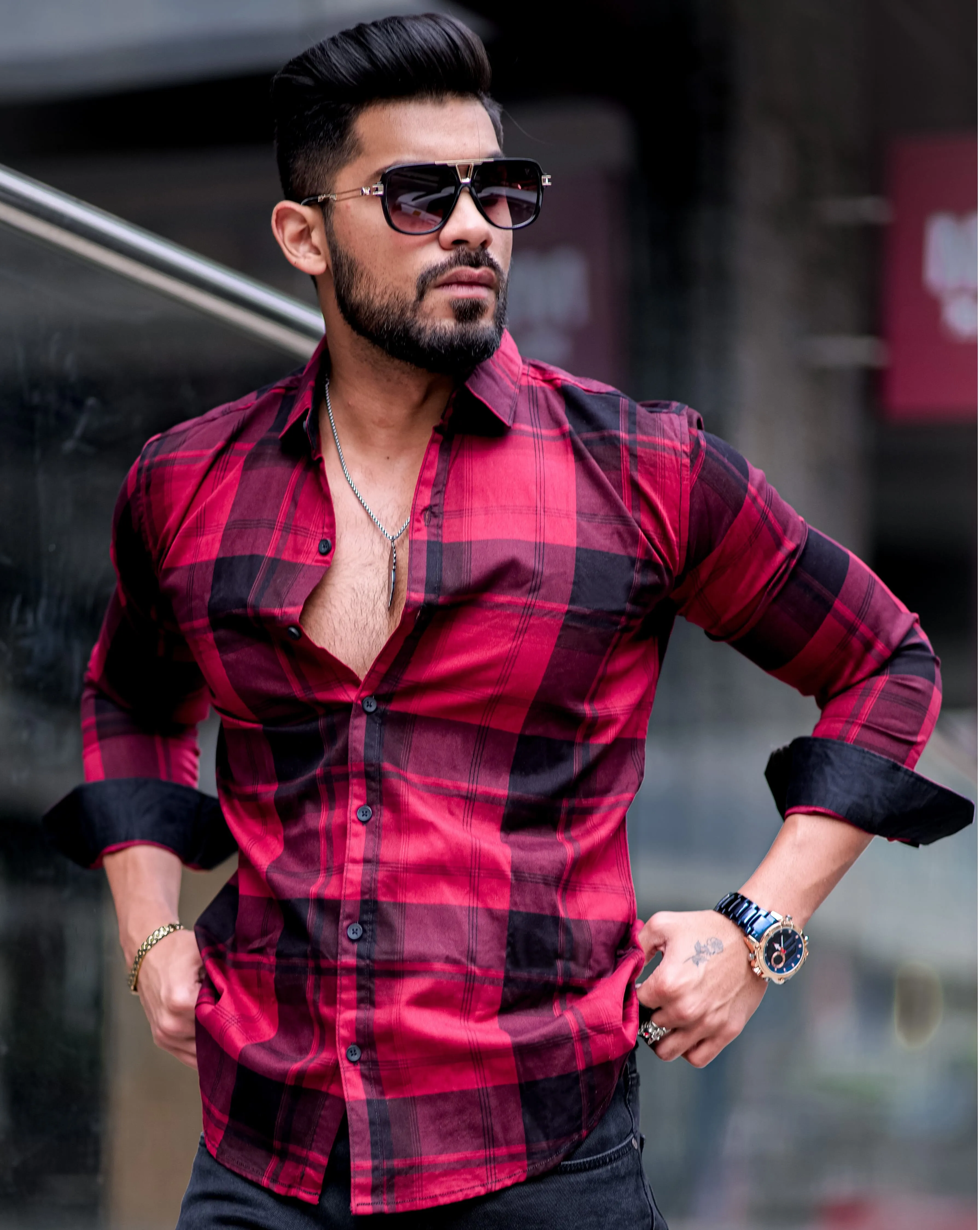 Maroon   Checkered Cotton Shirt