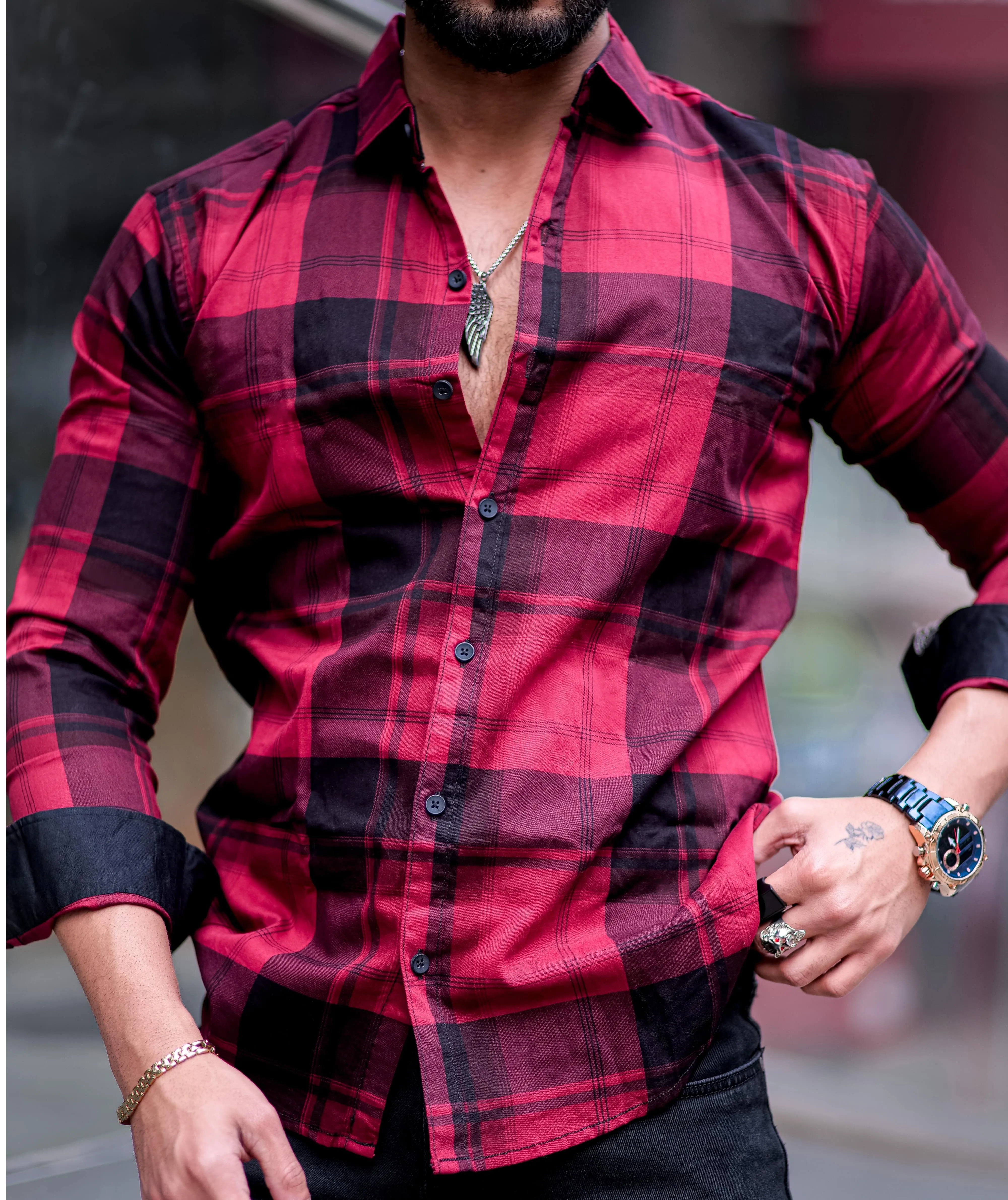 Maroon   Checkered Cotton Shirt