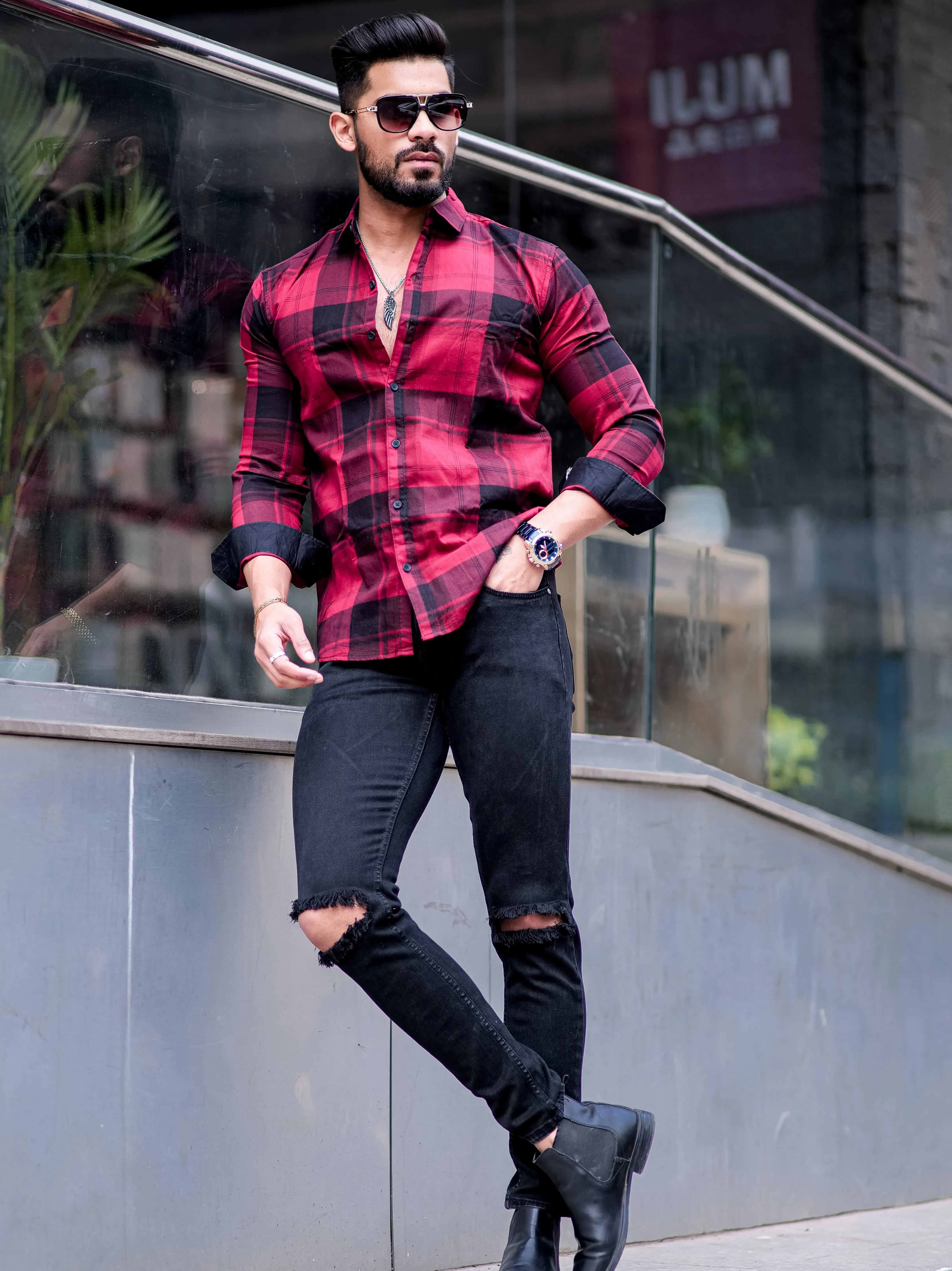 Maroon   Checkered Cotton Shirt