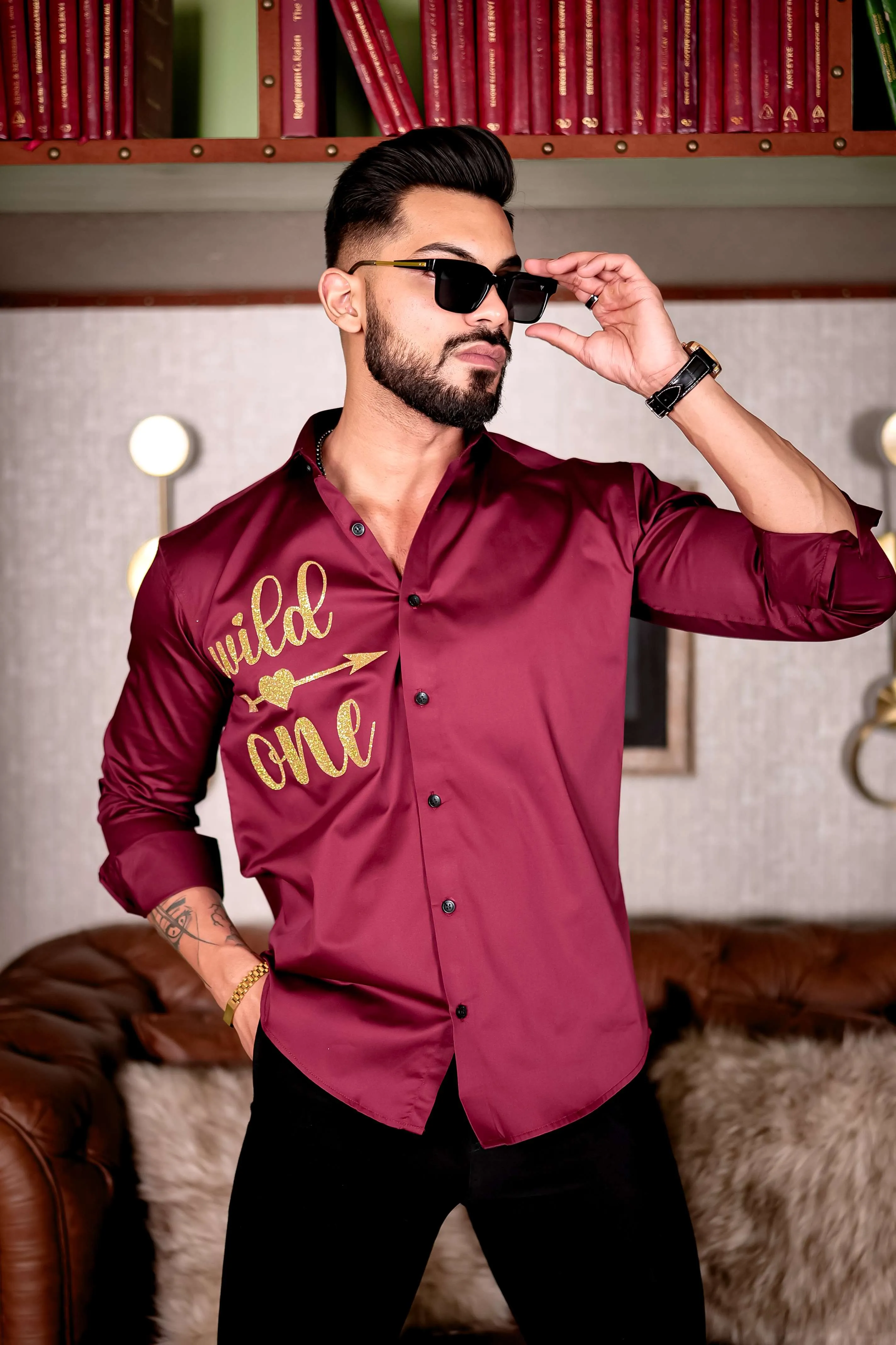 Maroon Wild One Glitter Luxury Shirt For Men's