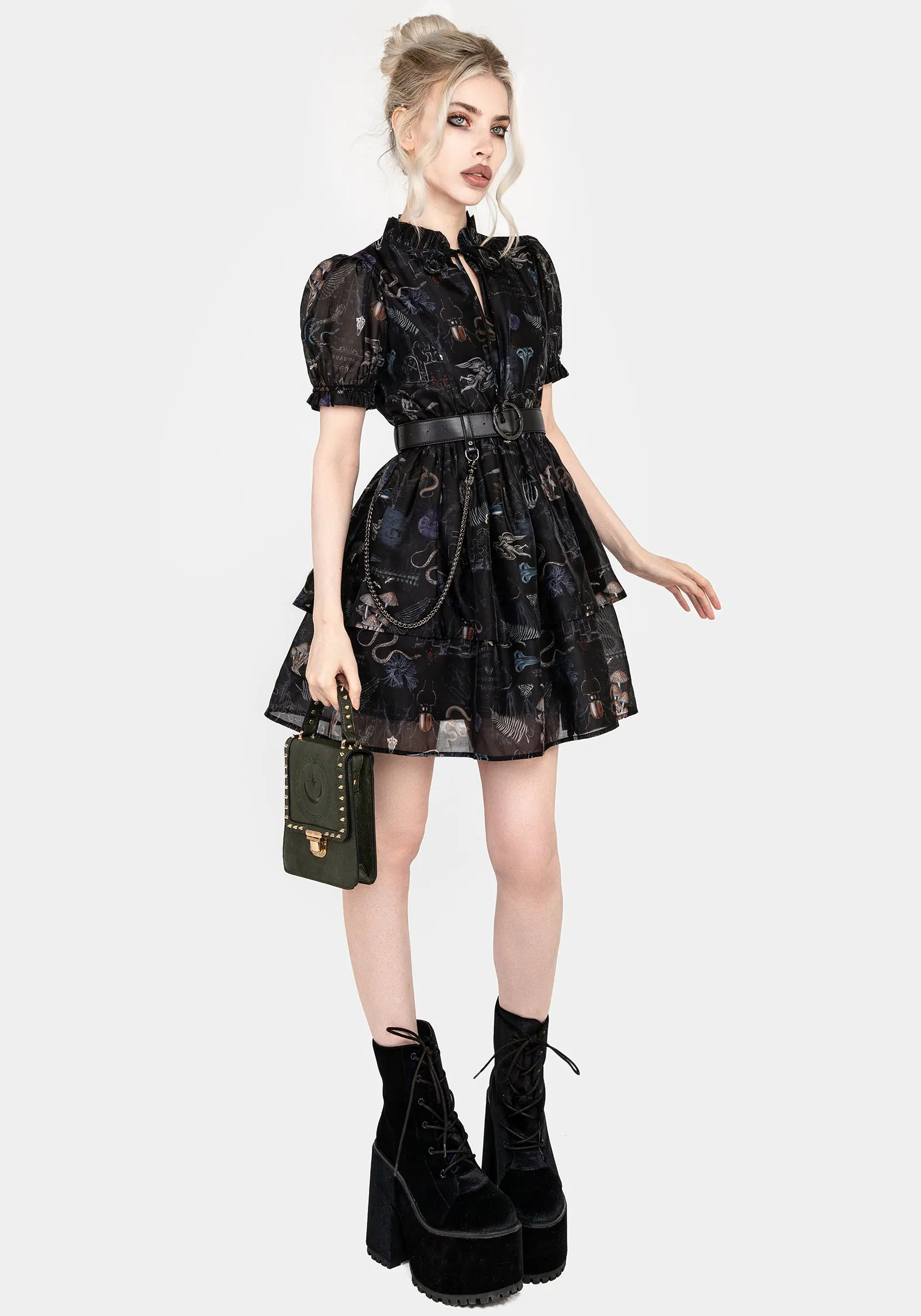 Maudeline Victoriana Print Layered Organza Mini Dress