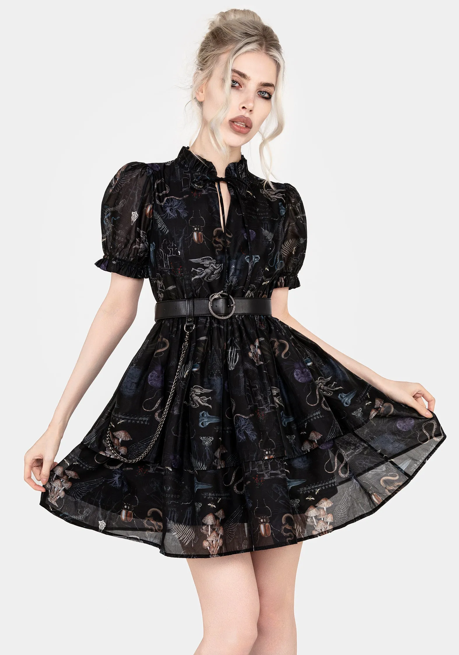 Maudeline Victoriana Print Layered Organza Mini Dress