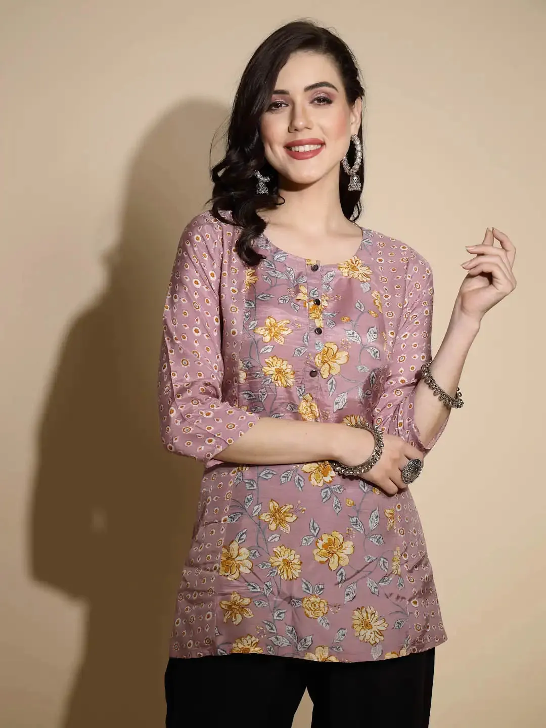 Mauve Floral Print Satin Tunic