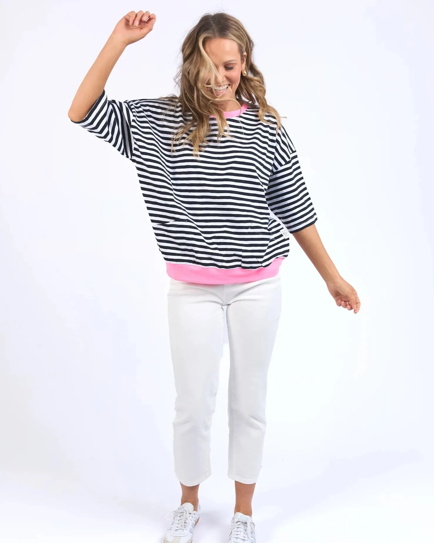 Mazie Stripe Ringer Sweat - Navy/White Stripe/Neon Pink Trim