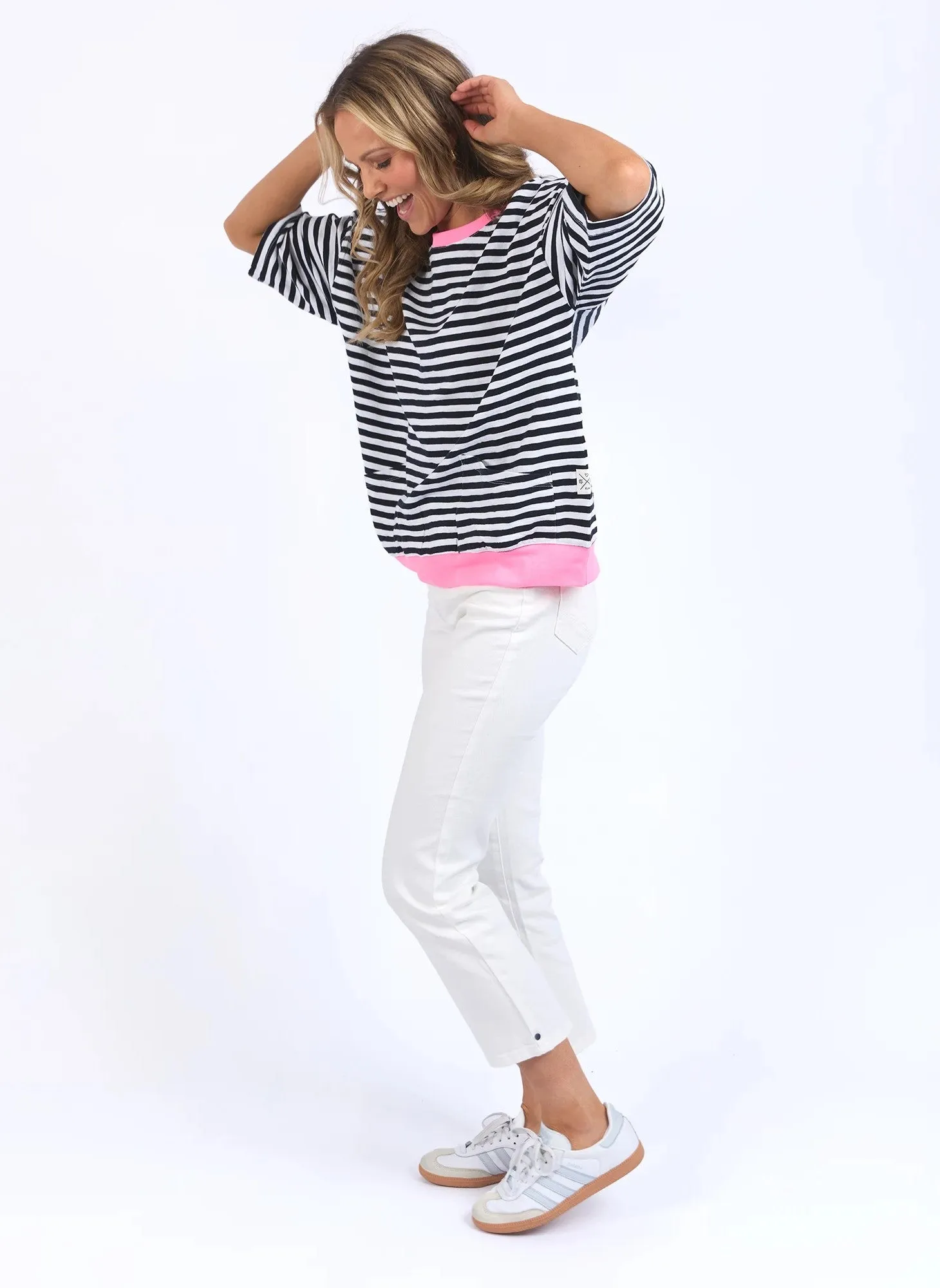 Mazie Stripe Ringer Sweat - Navy/White Stripe/Neon Pink Trim