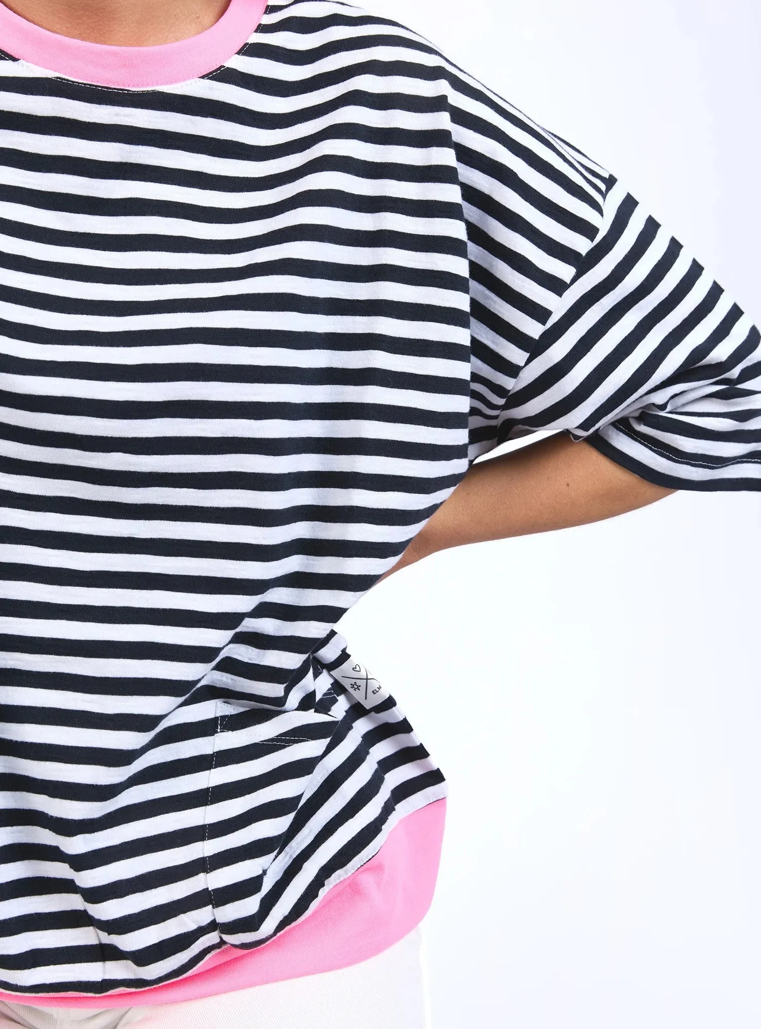 Mazie Stripe Ringer Sweat - Navy/White Stripe/Neon Pink Trim