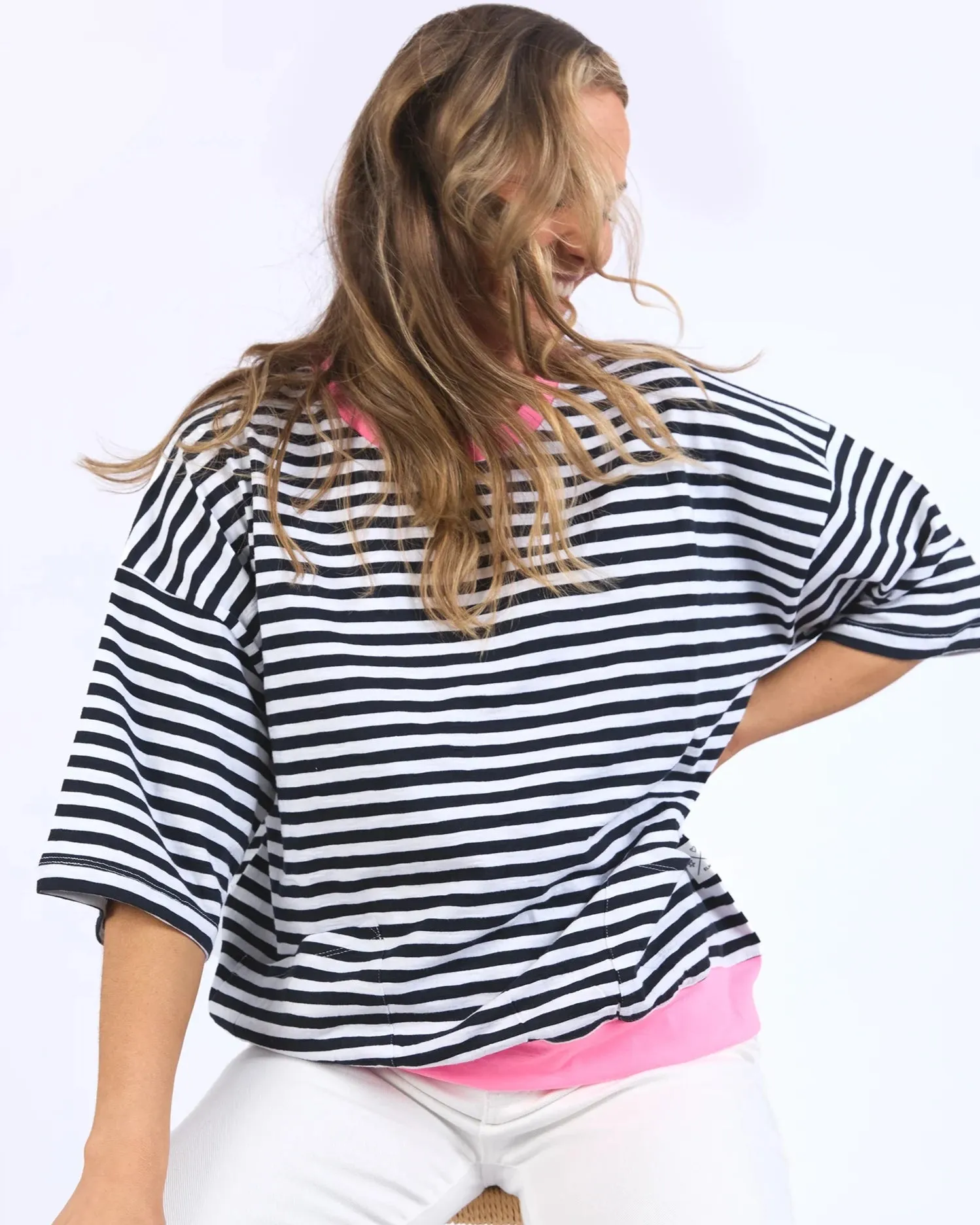 Mazie Stripe Ringer Sweat - Navy/White Stripe/Neon Pink Trim