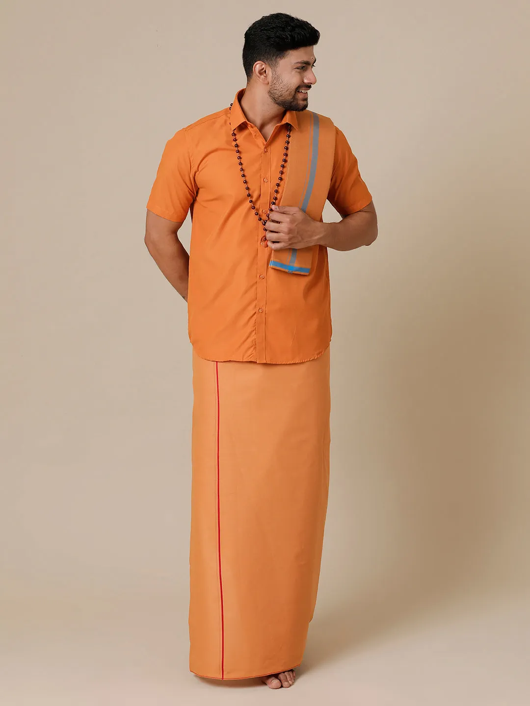 Men Devotional Half Sleeve Shirt Dhoti & Towel 3 in 1 Kavi