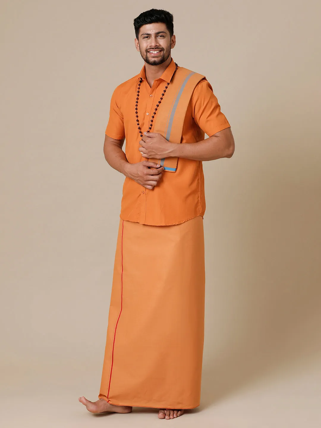 Men Devotional Half Sleeve Shirt Dhoti & Towel 3 in 1 Kavi