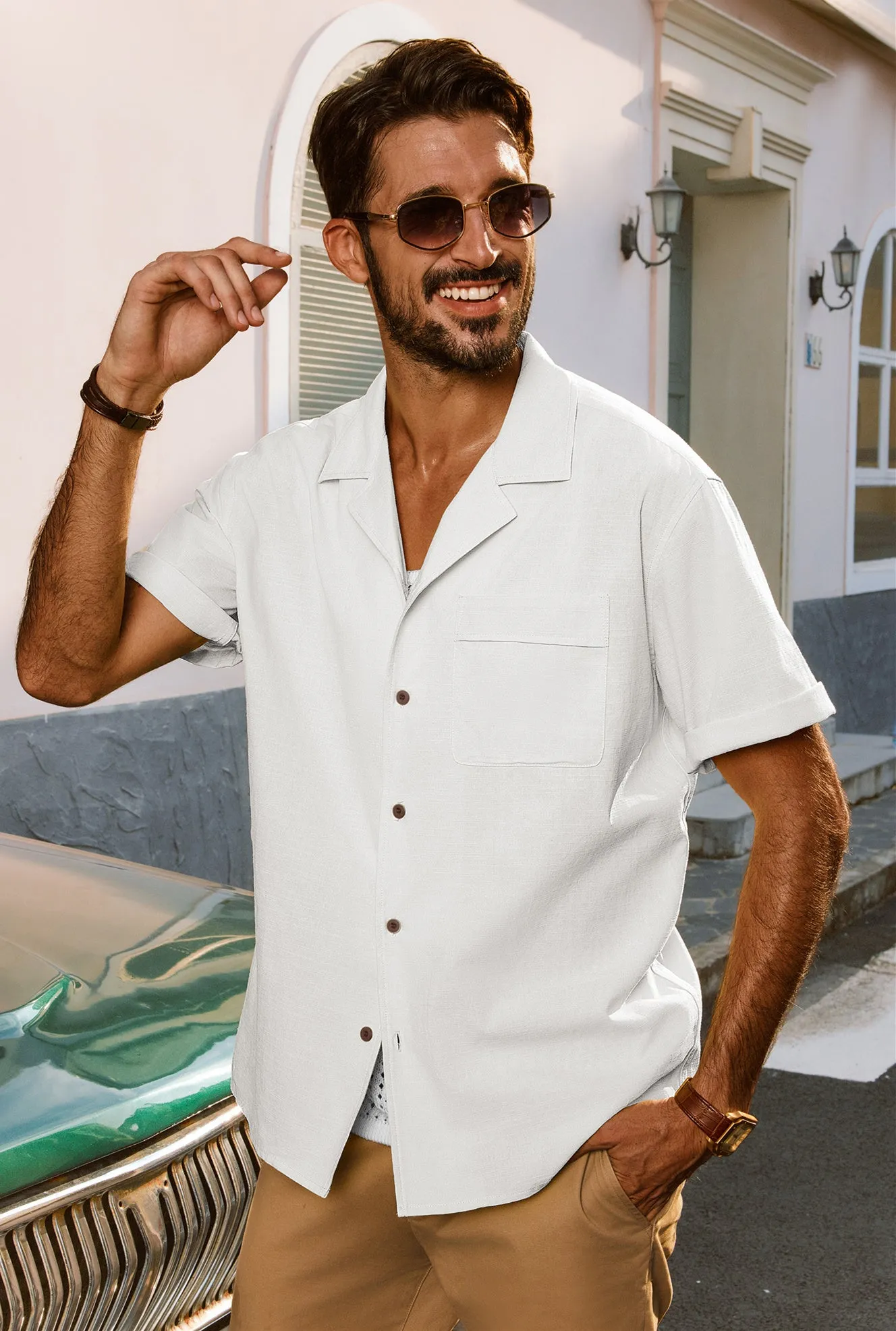 Men Straight Camp-Collar Shirt Casual Short Sleeve Flat-Hem Tops