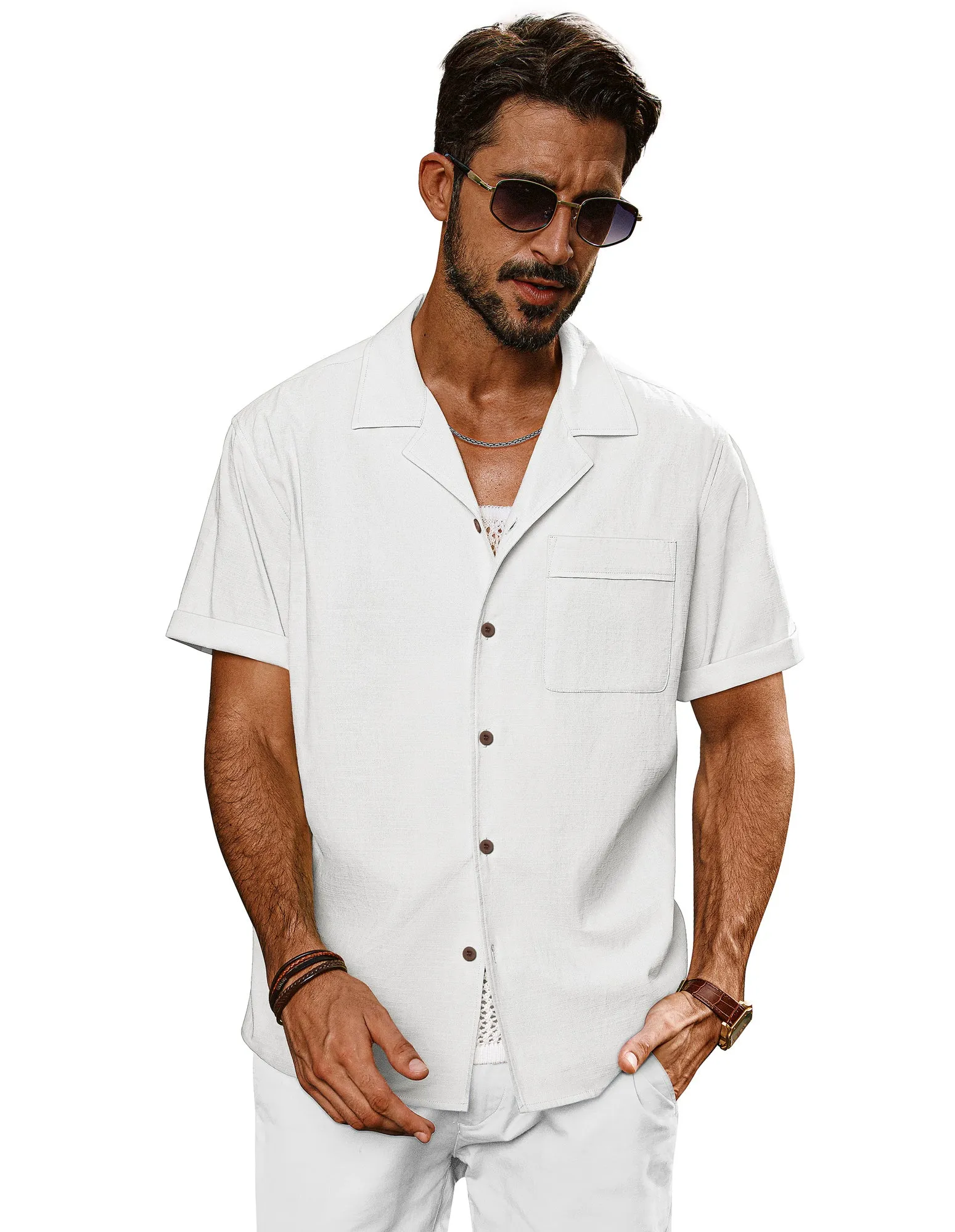 Men Straight Camp-Collar Shirt Casual Short Sleeve Flat-Hem Tops