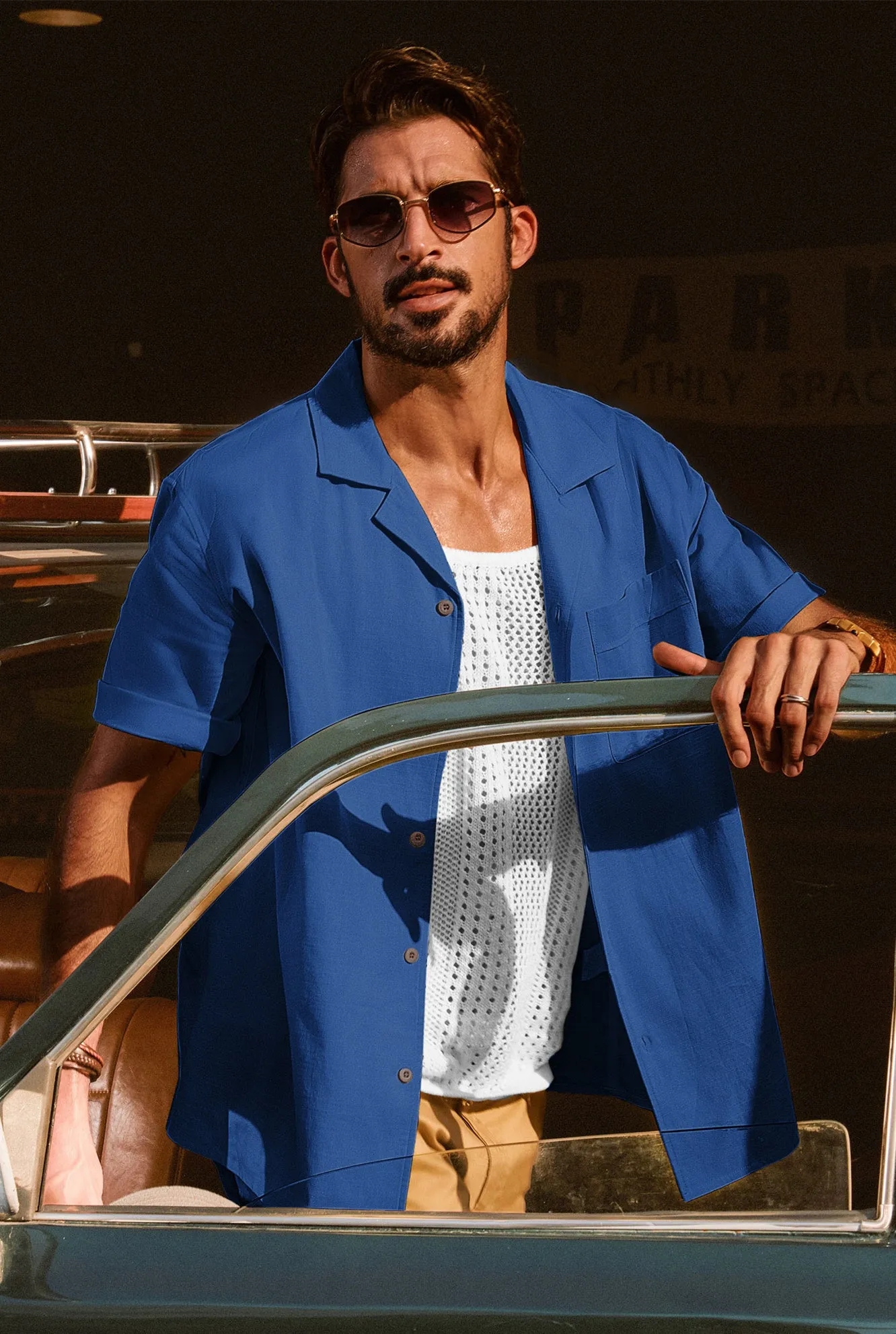 Men Straight Camp-Collar Shirt Casual Short Sleeve Flat-Hem Tops