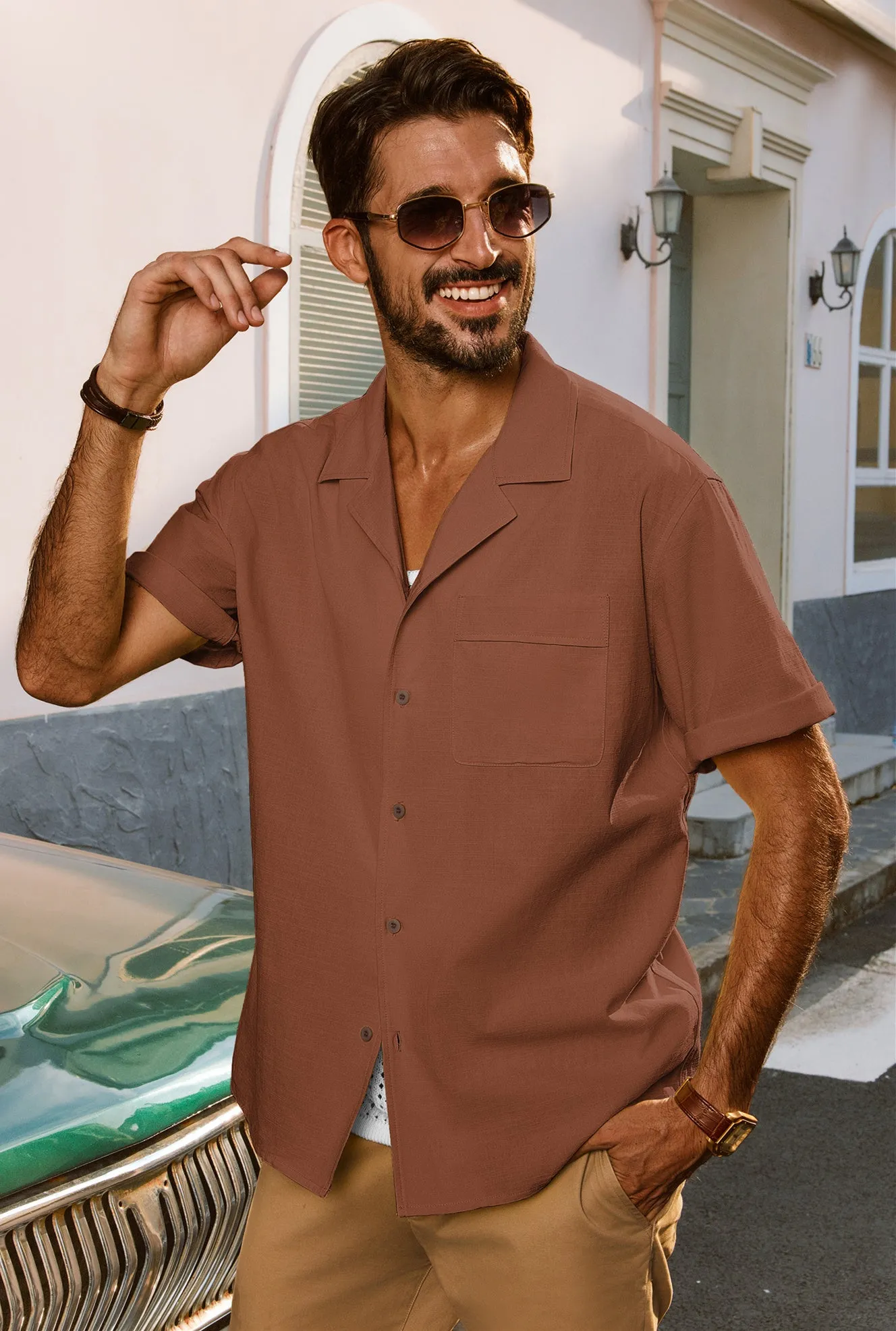 Men Straight Camp-Collar Shirt Casual Short Sleeve Flat-Hem Tops