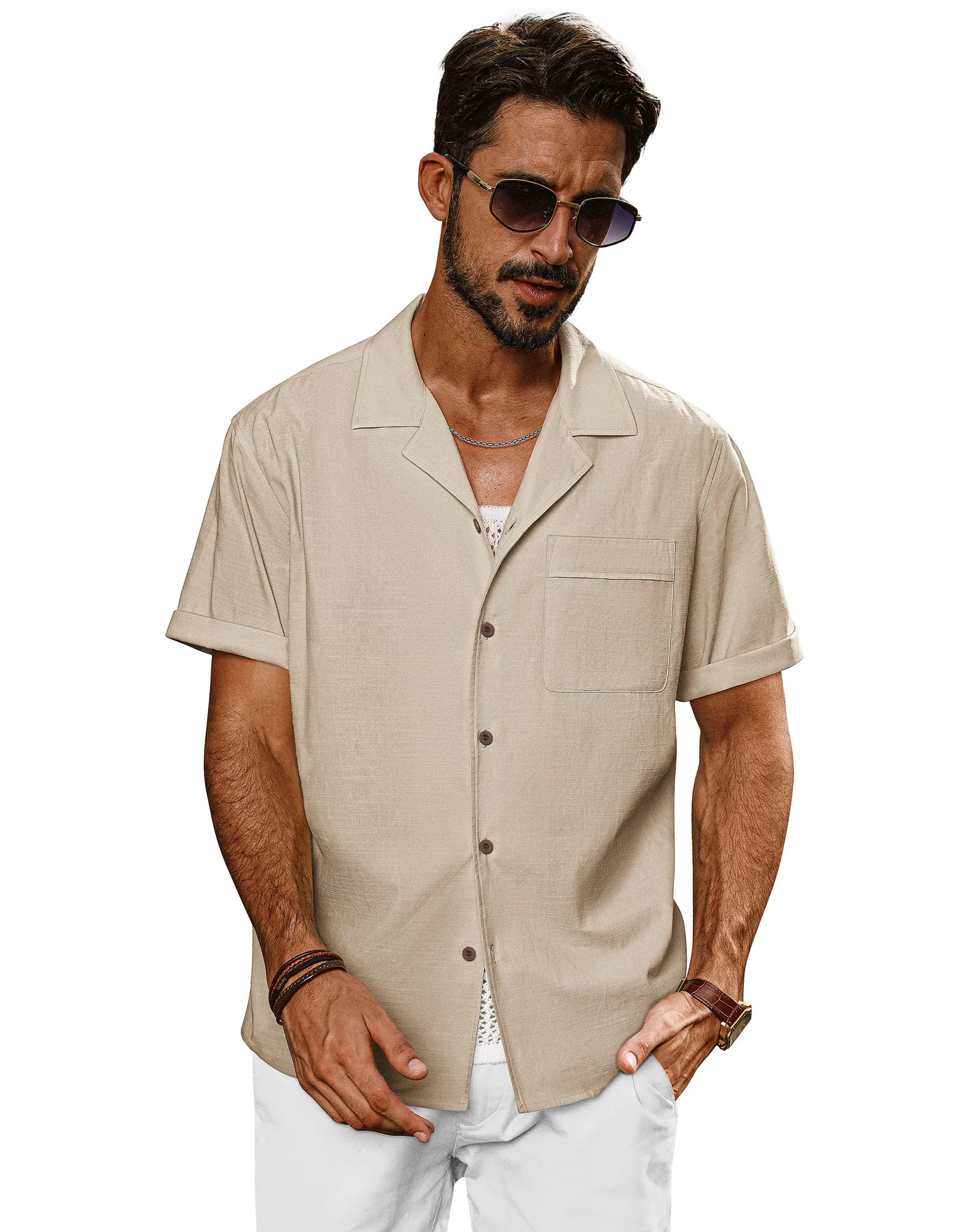 Men Straight Camp-Collar Shirt Casual Short Sleeve Flat-Hem Tops