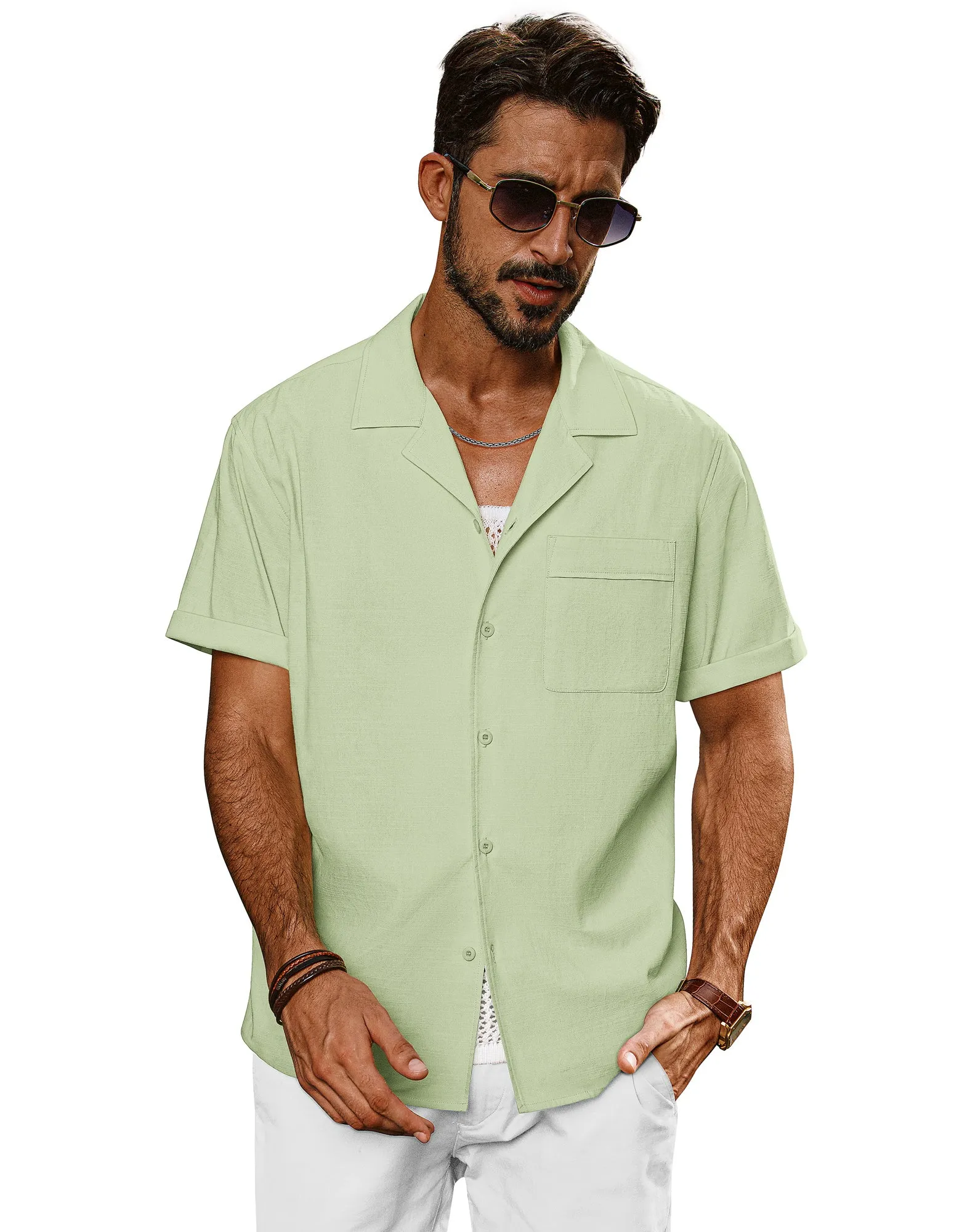 Men Straight Camp-Collar Shirt Casual Short Sleeve Flat-Hem Tops