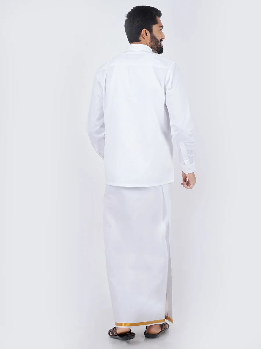 Men White Full Sleeves Shirt & Single Dhoti with Gold Jari Combo