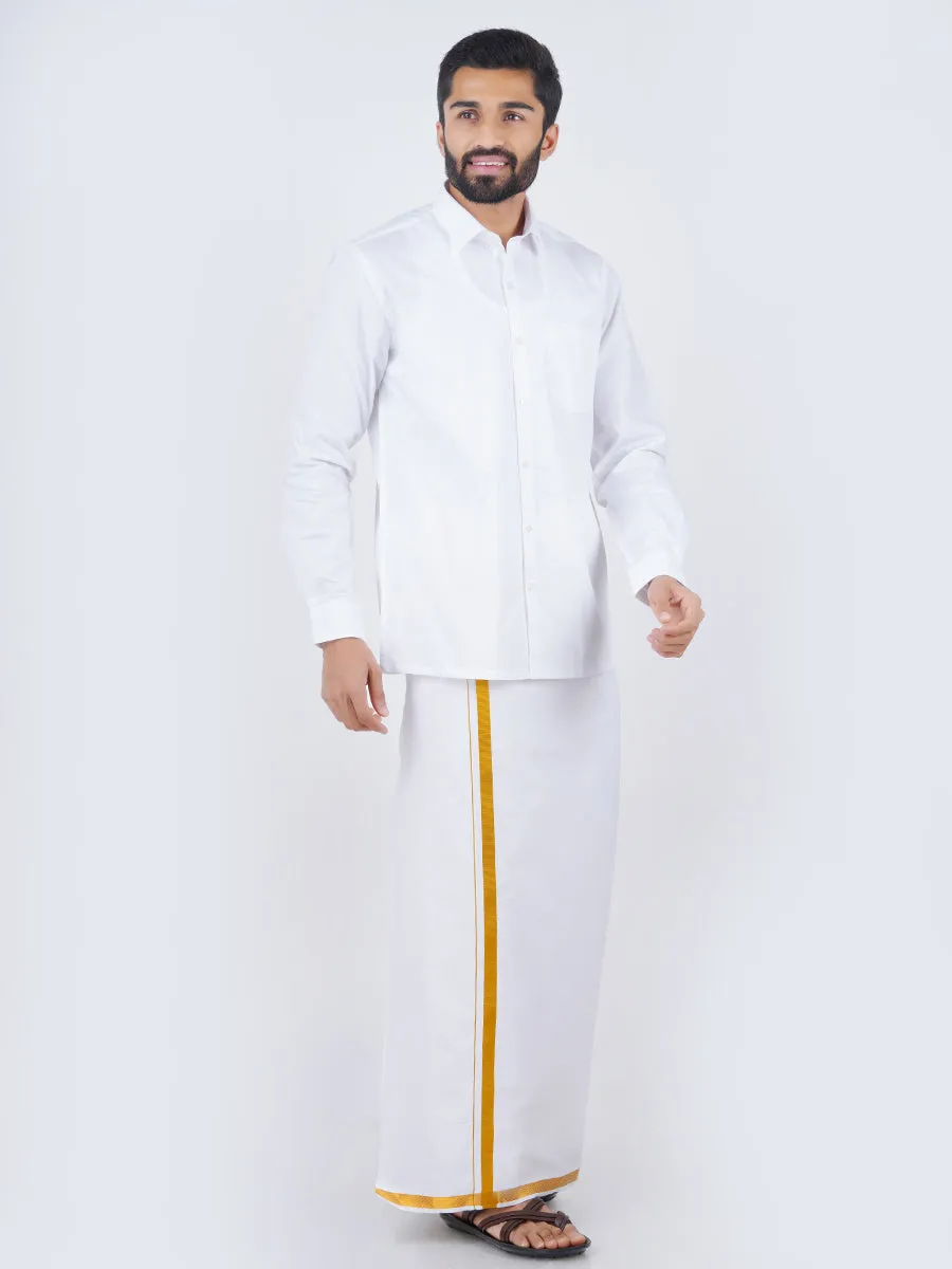 Men White Full Sleeves Shirt & Single Dhoti with Gold Jari Combo