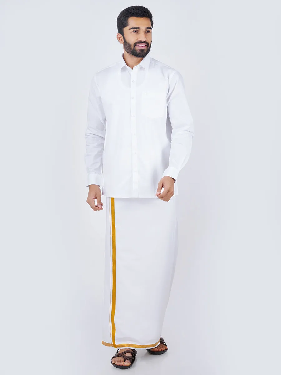 Men White Full Sleeves Shirt & Single Dhoti with Gold Jari Combo