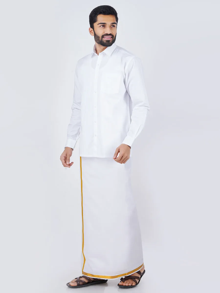 Men White Full Sleeves Shirt & Single Dhoti with Gold Jari Combo