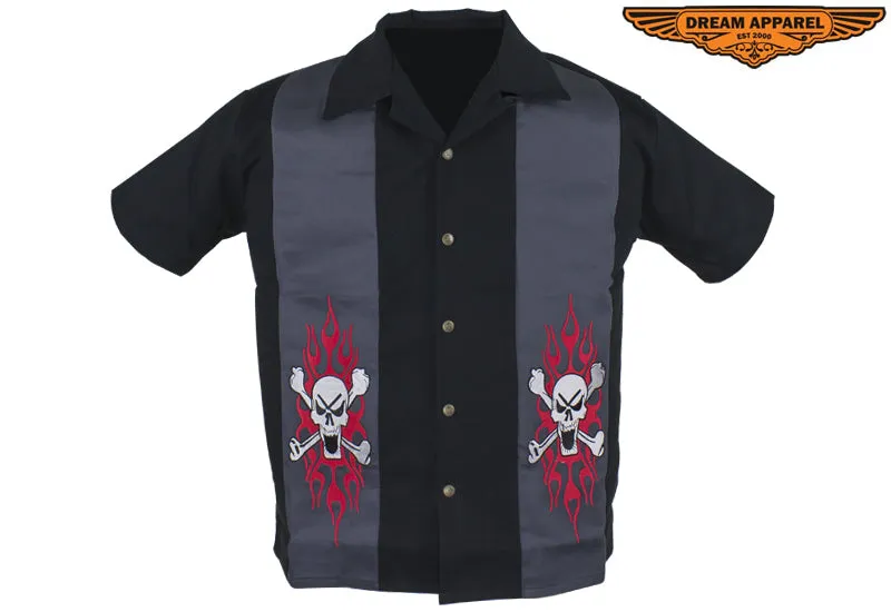 Mens Buttoned Cotton Motorcycle Shirt With Two Skulls