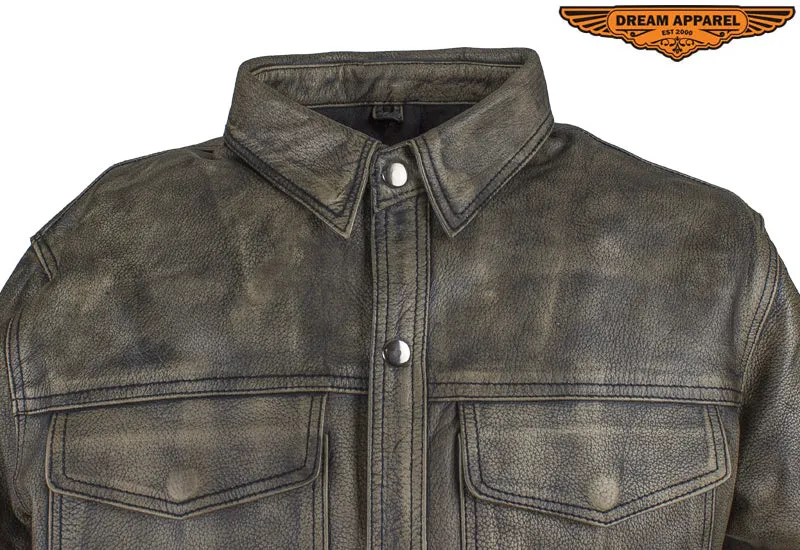 Mens Distressed Brown Leather Motorcycle Shirt With Concealed Carry