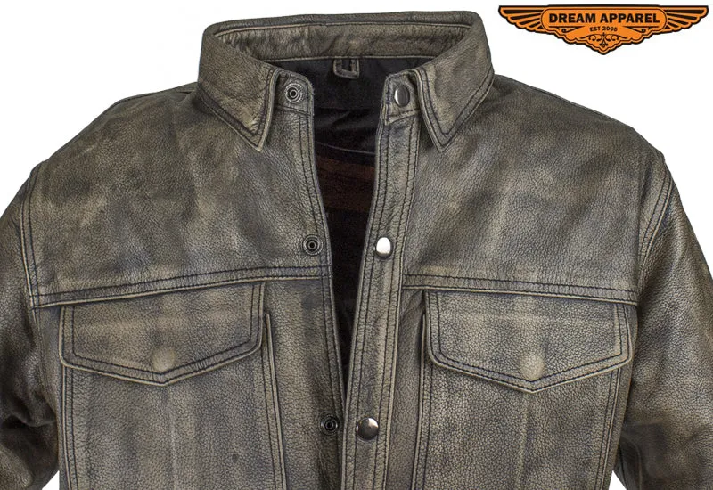 Mens Distressed Brown Leather Motorcycle Shirt With Concealed Carry