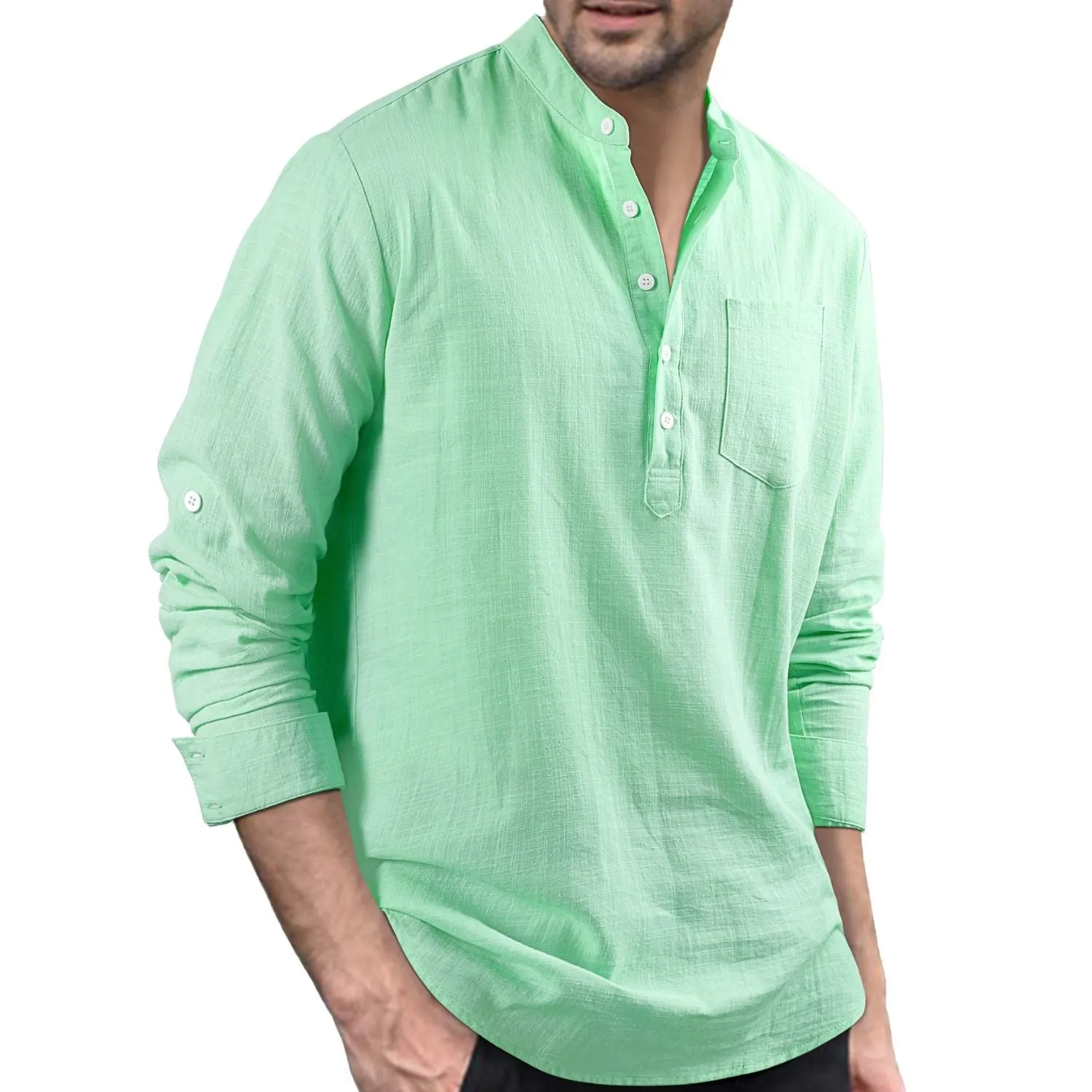 Men‘s Henley Shirt Linen with Pocket - GREEN