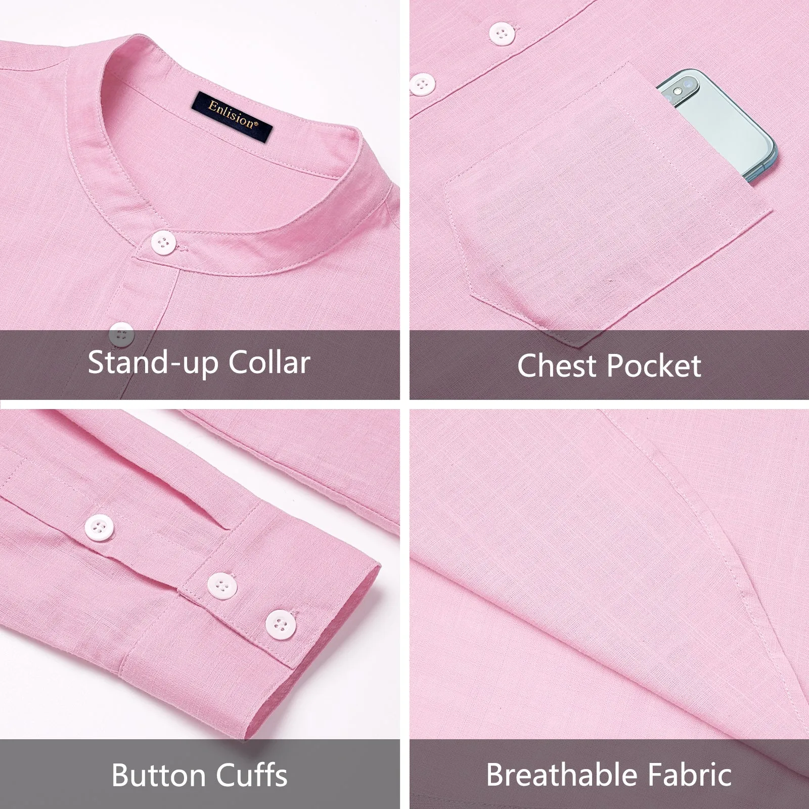 Men‘s Henley Shirt Long Sleeve with Pocket - PINK