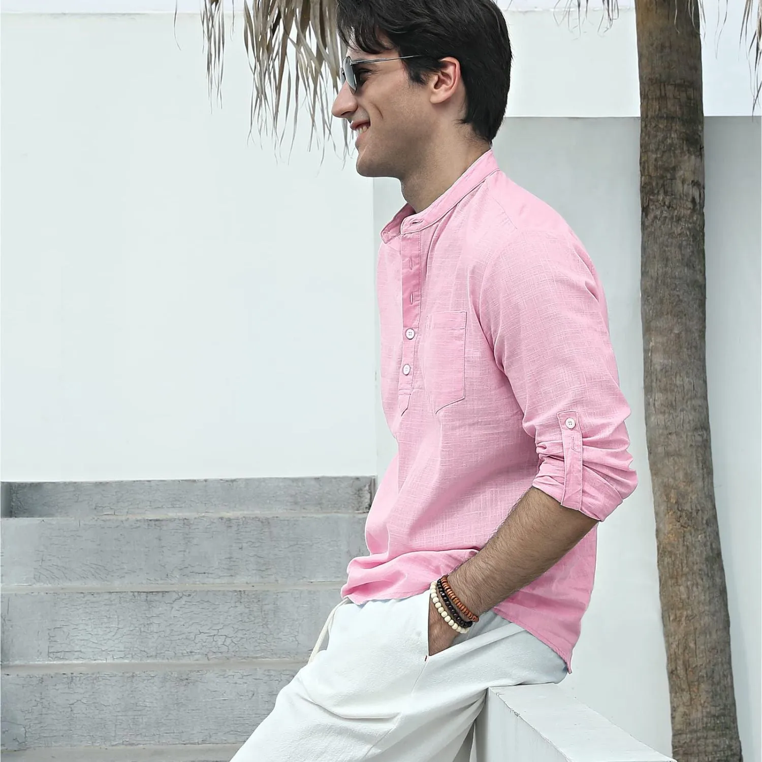 Men‘s Henley Shirt Long Sleeve with Pocket - PINK