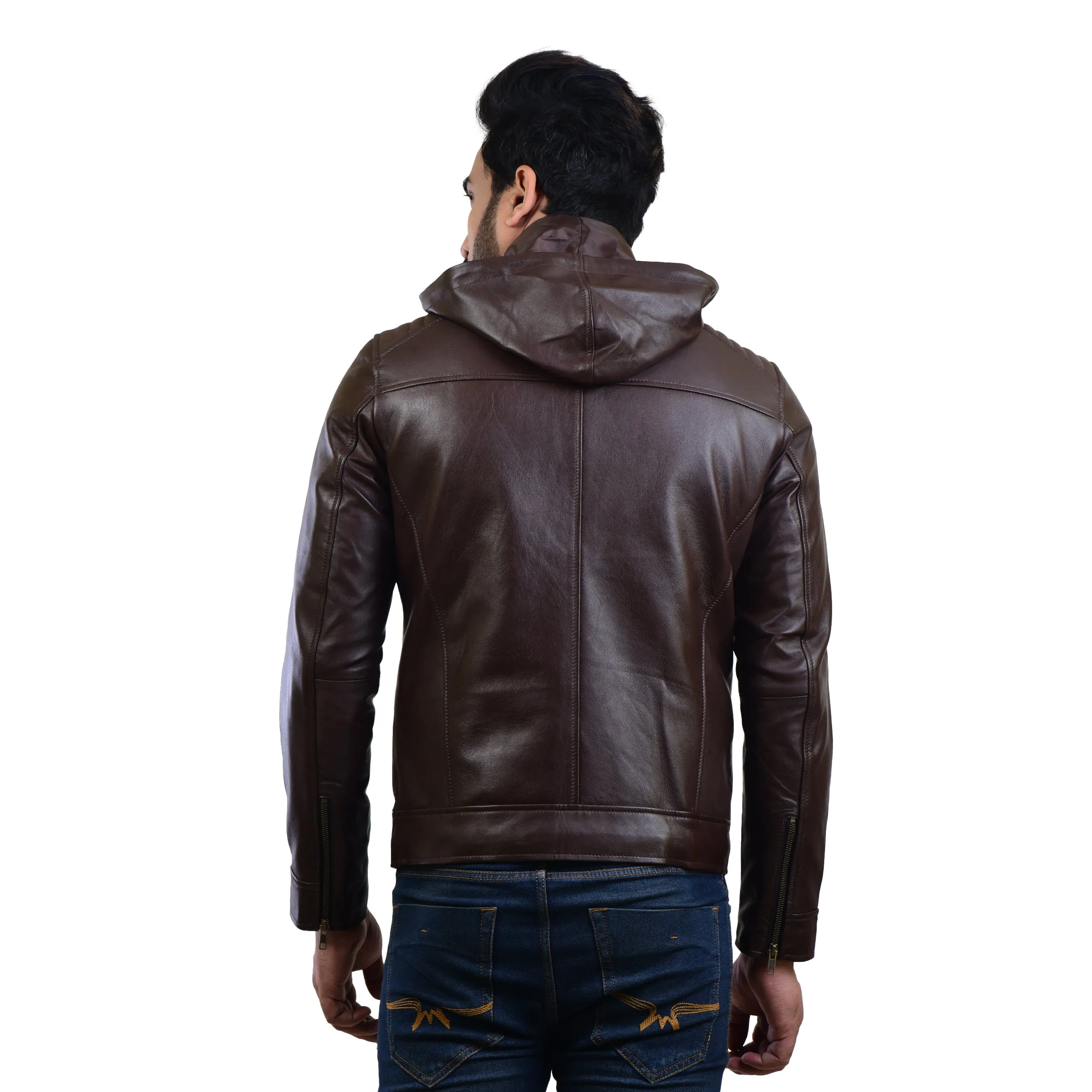 MENS LEATHER HOODED JACKET 410145(BROWN)