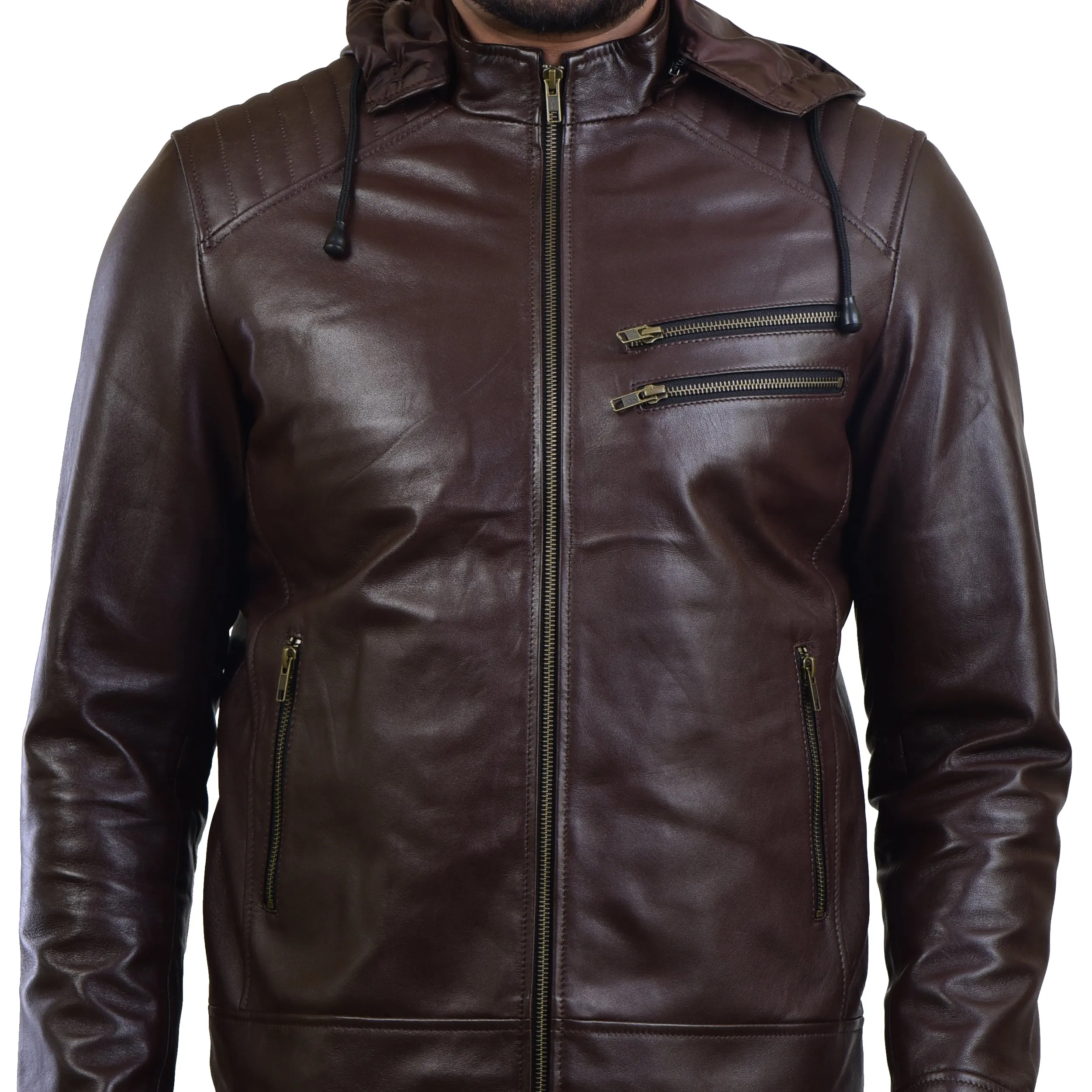 MENS LEATHER HOODED JACKET 410145(BROWN)