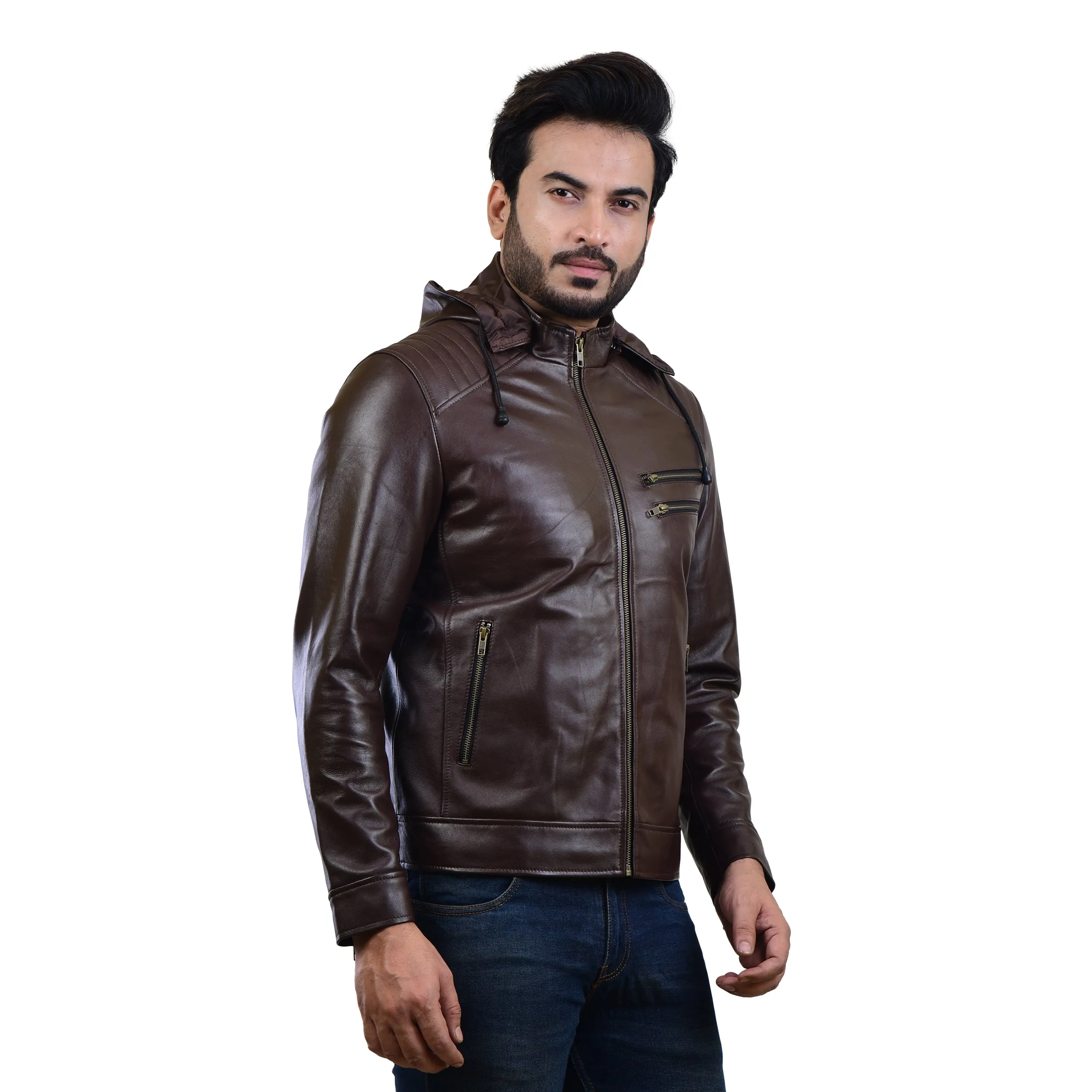 MENS LEATHER HOODED JACKET 410145(BROWN)