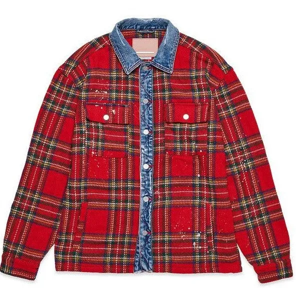 Mens Red Flannel Shacket With Denim Contrast Shirt