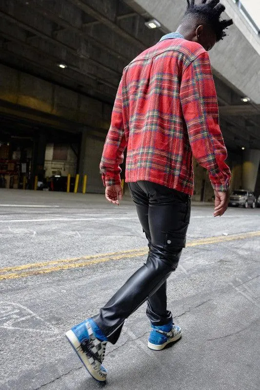 Mens Red Flannel Shacket With Denim Contrast Shirt