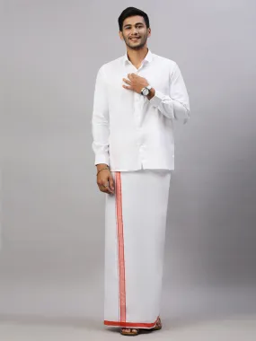 Mens White Shirt with Scarlet Orange Fancy Border Dhoti Combo WP17