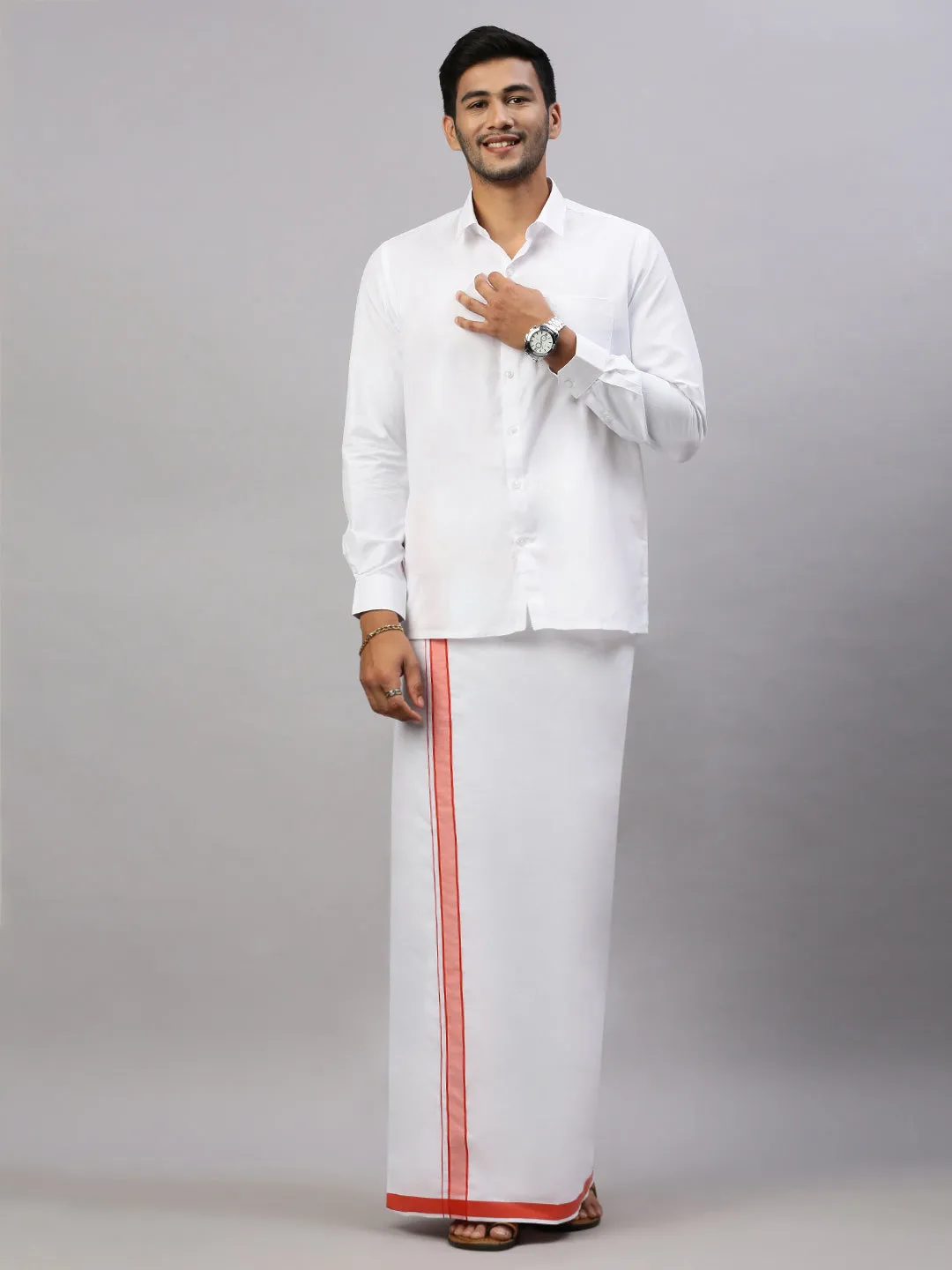 Mens White Shirt with Scarlet Orange Fancy Border Dhoti Combo WP17