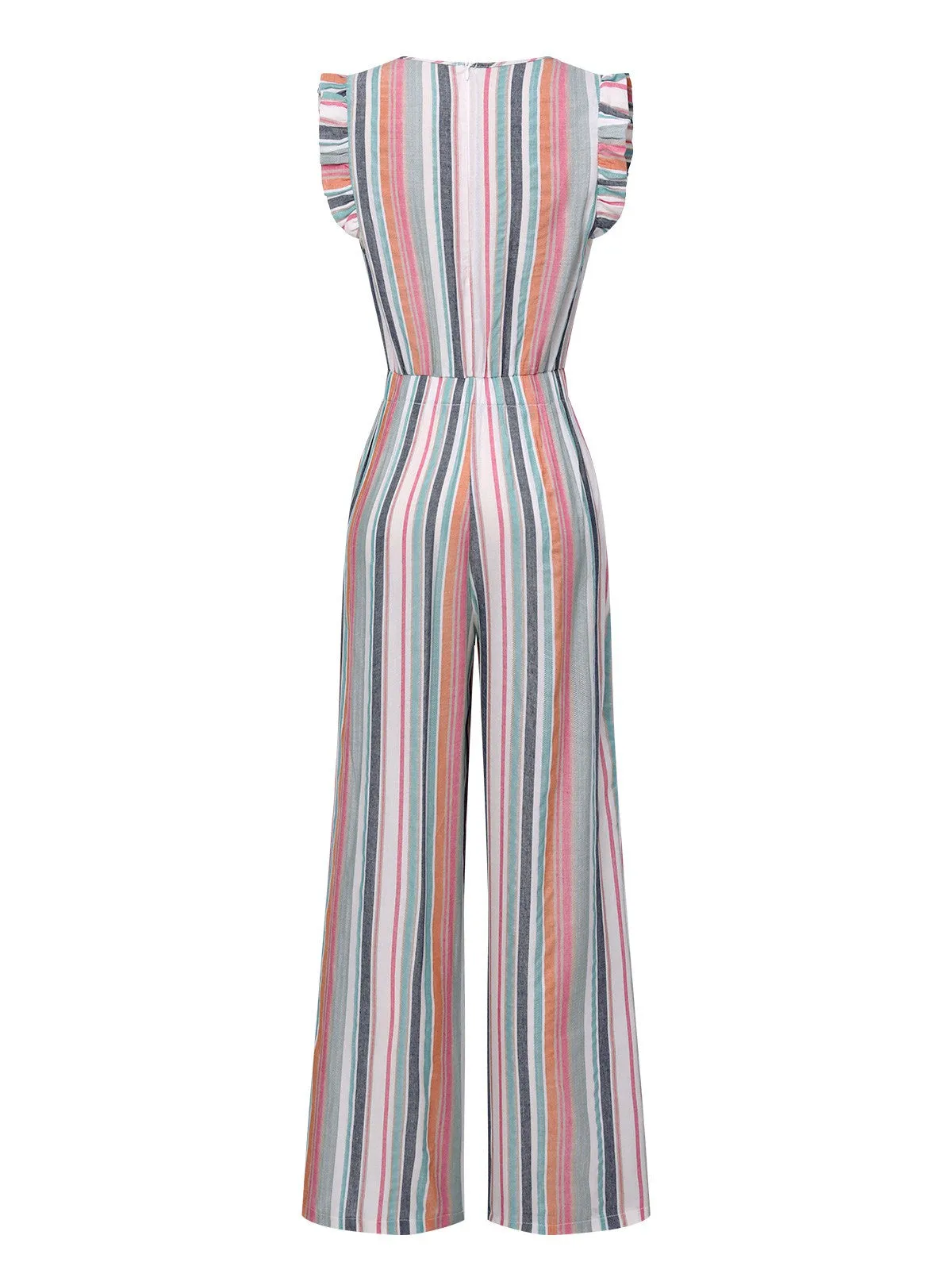 Multicolor 1930s Bayadere Stripes V-Neck Jumpsuit