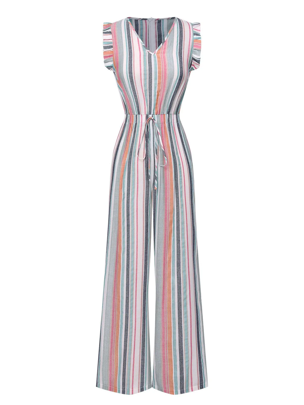 Multicolor 1930s Bayadere Stripes V-Neck Jumpsuit