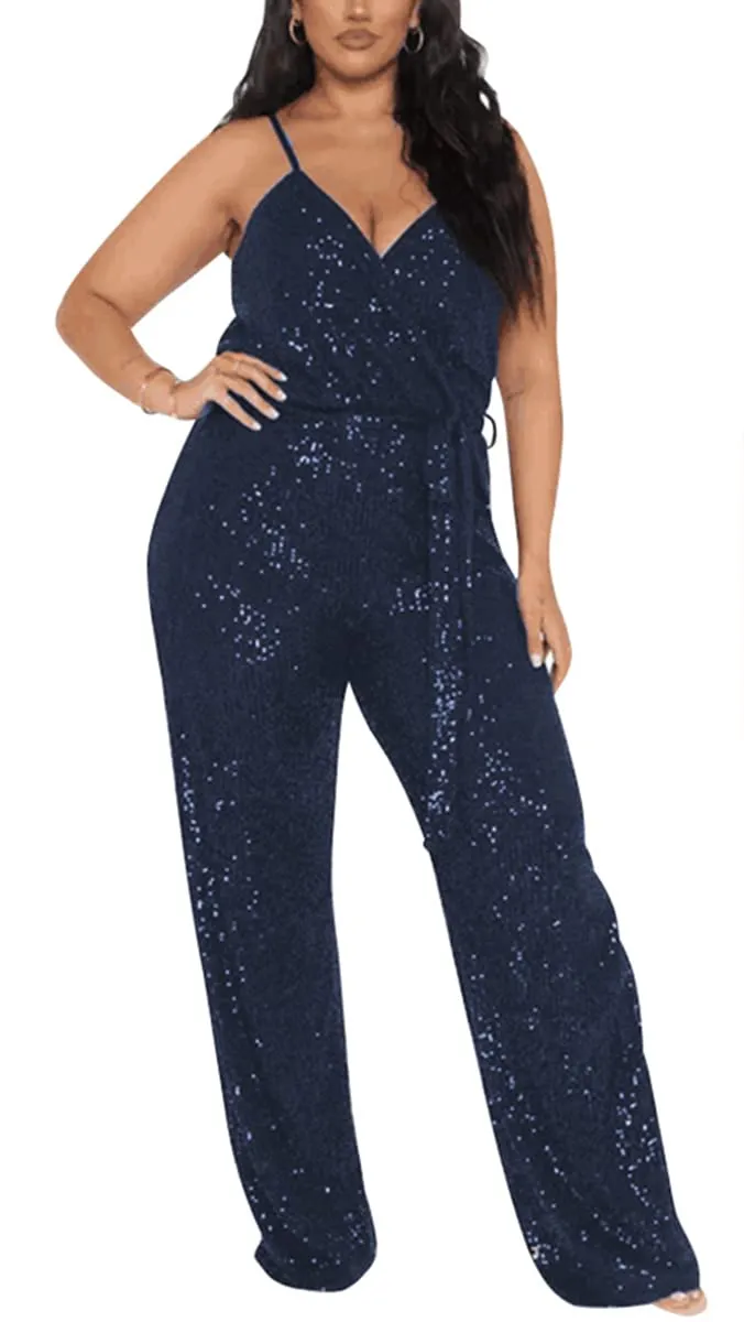 Navy Blue Sequin Glitter Sleeveless Jumpsuit