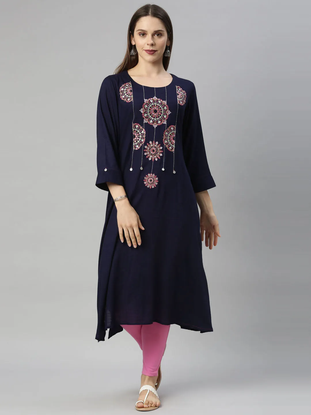 Neeru's Navy Blue Color Slub Riyon Fabric Tunic