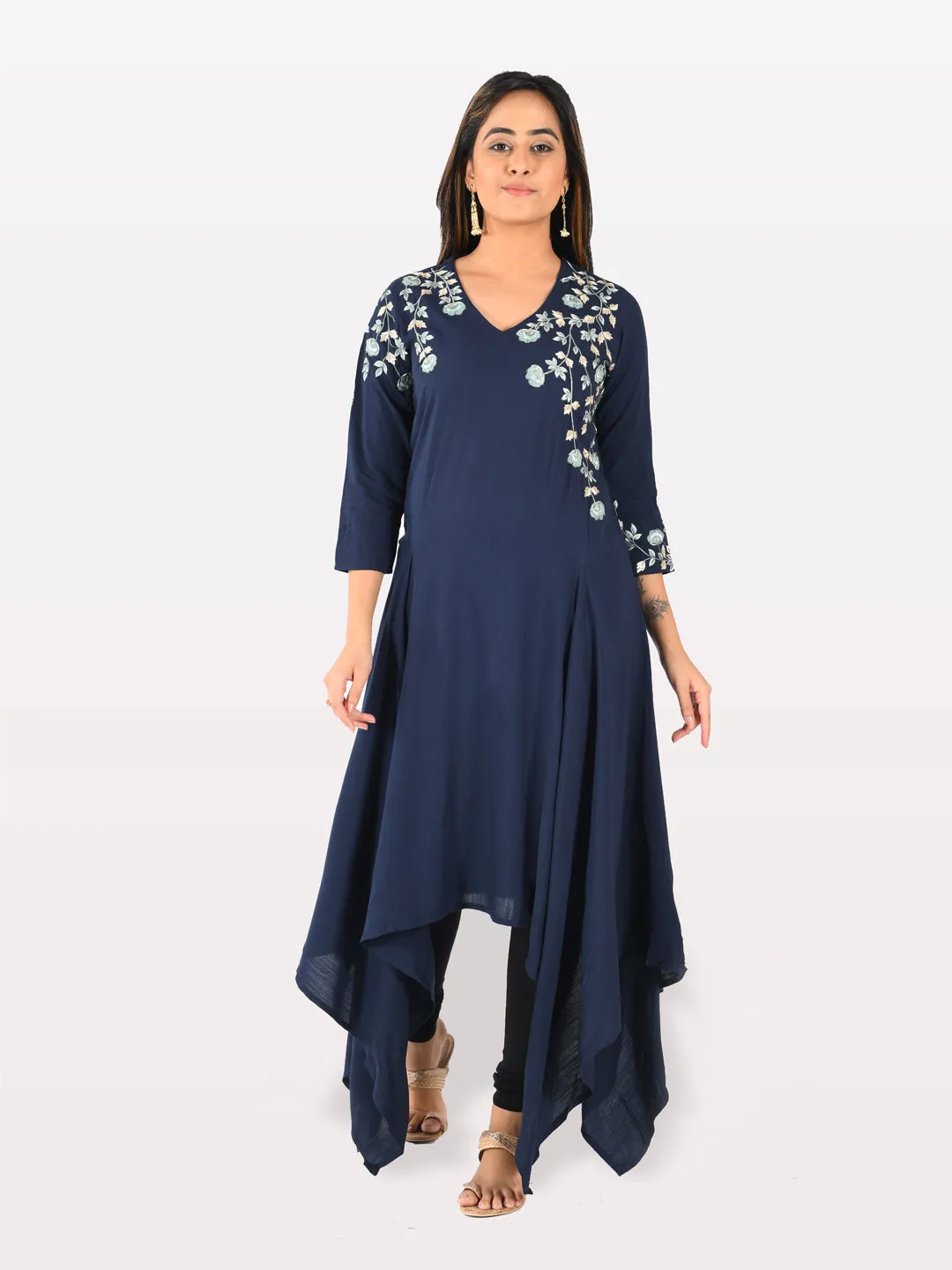 Neeru's Women Navy Blue Color Slub Rayon Fabric Tunic