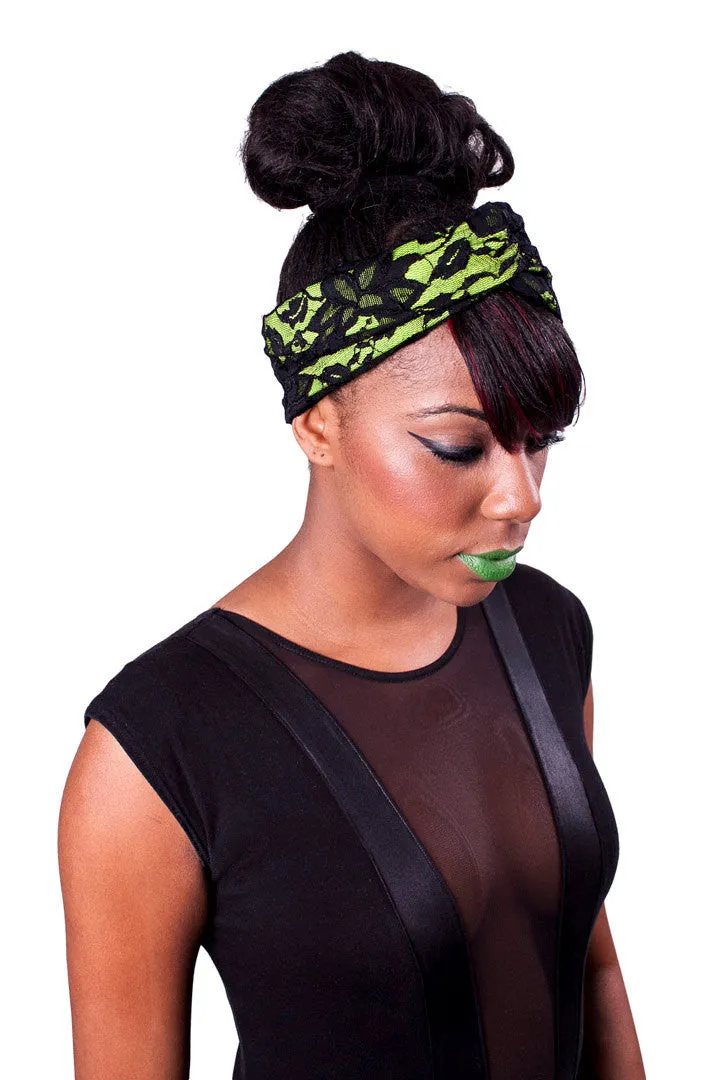 Neon Yellow & Lace Turban Headband