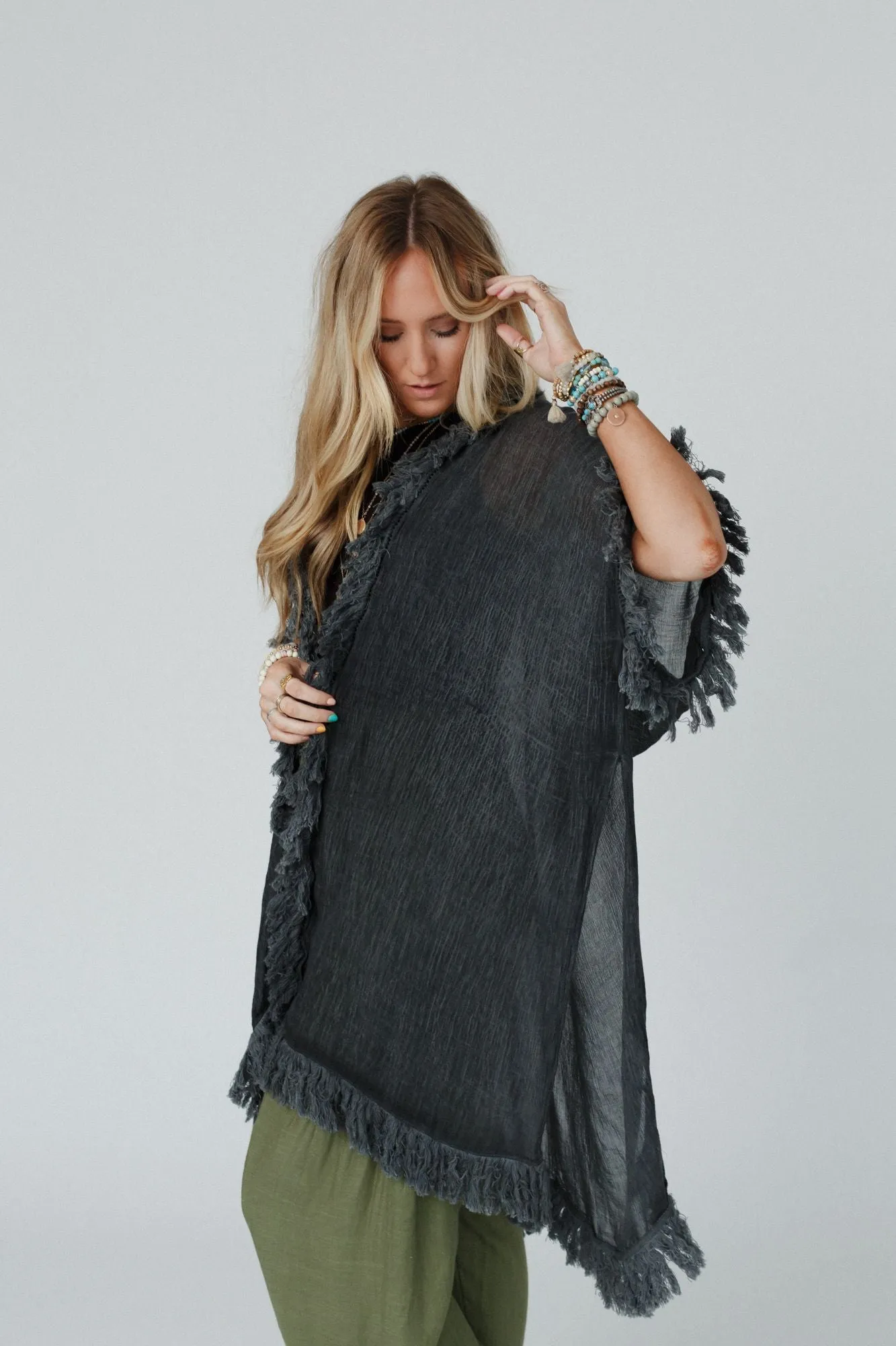 On The Edge Fringe Kimono - Charcoal