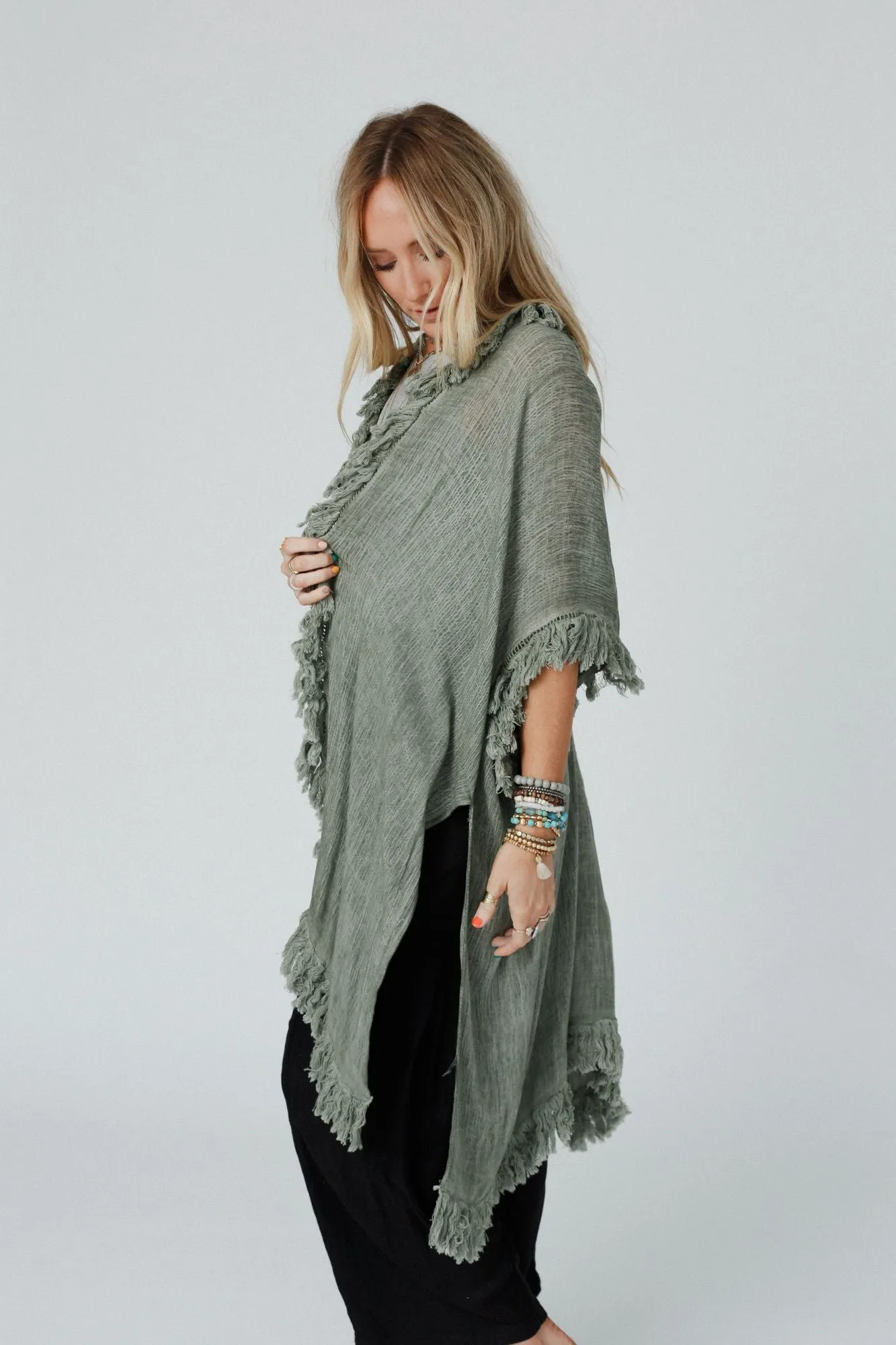 On The Edge Fringe Kimono - Olive