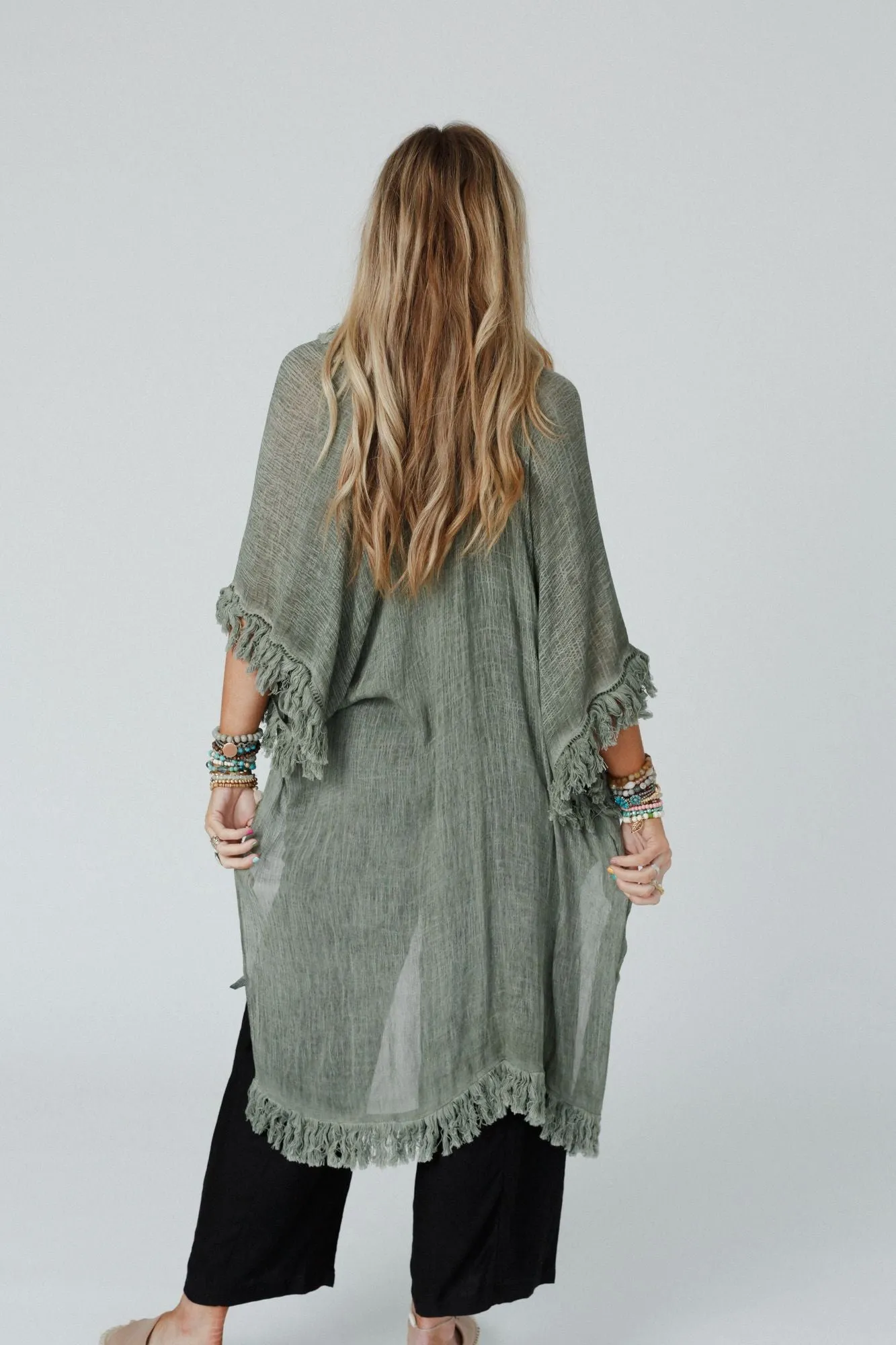 On The Edge Fringe Kimono - Olive