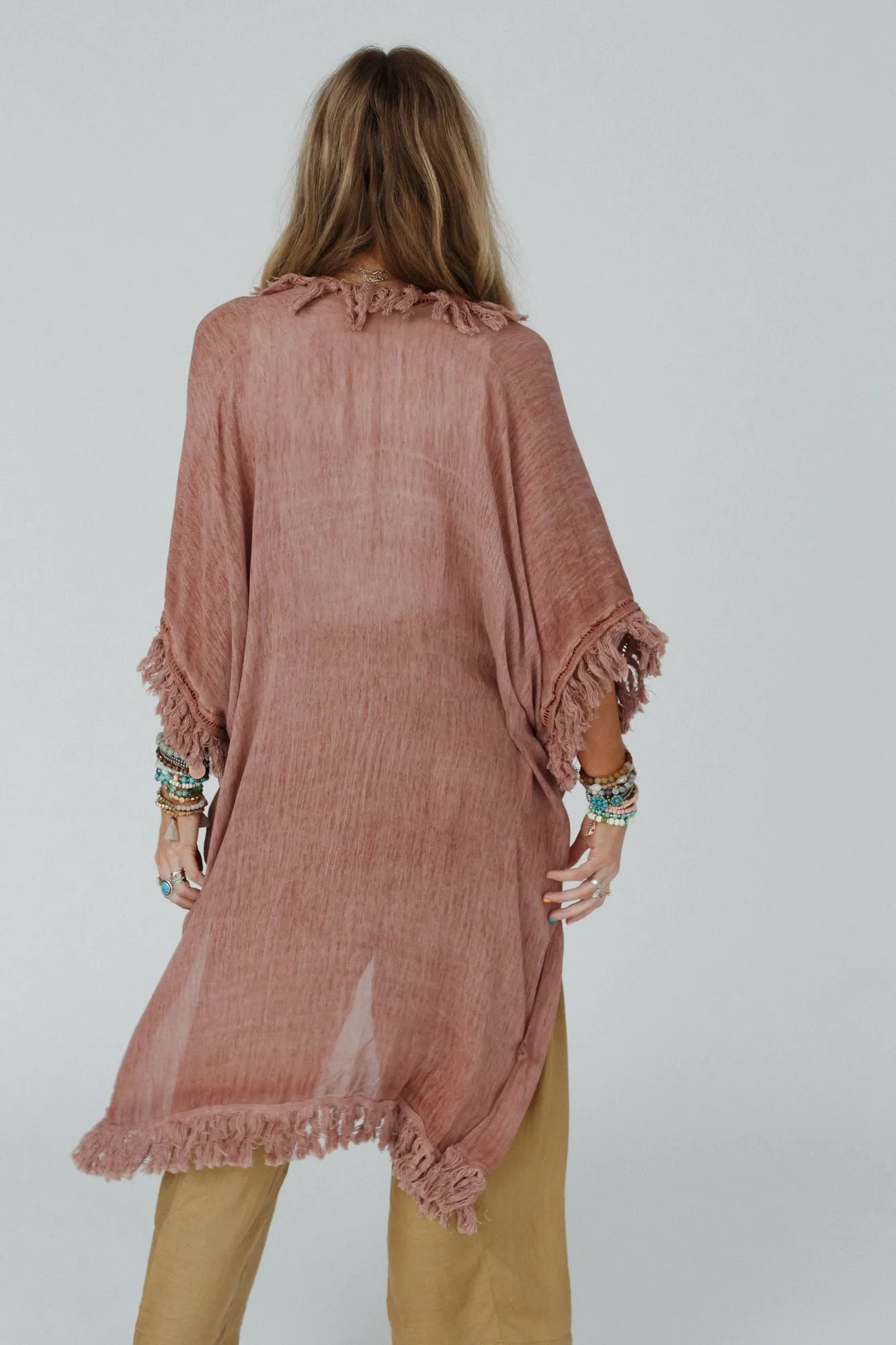 On The Edge Fringe Kimono - Rose Clay