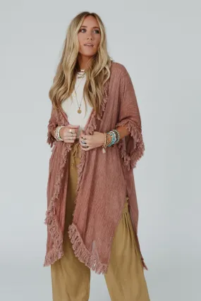 On The Edge Fringe Kimono - Rose Clay